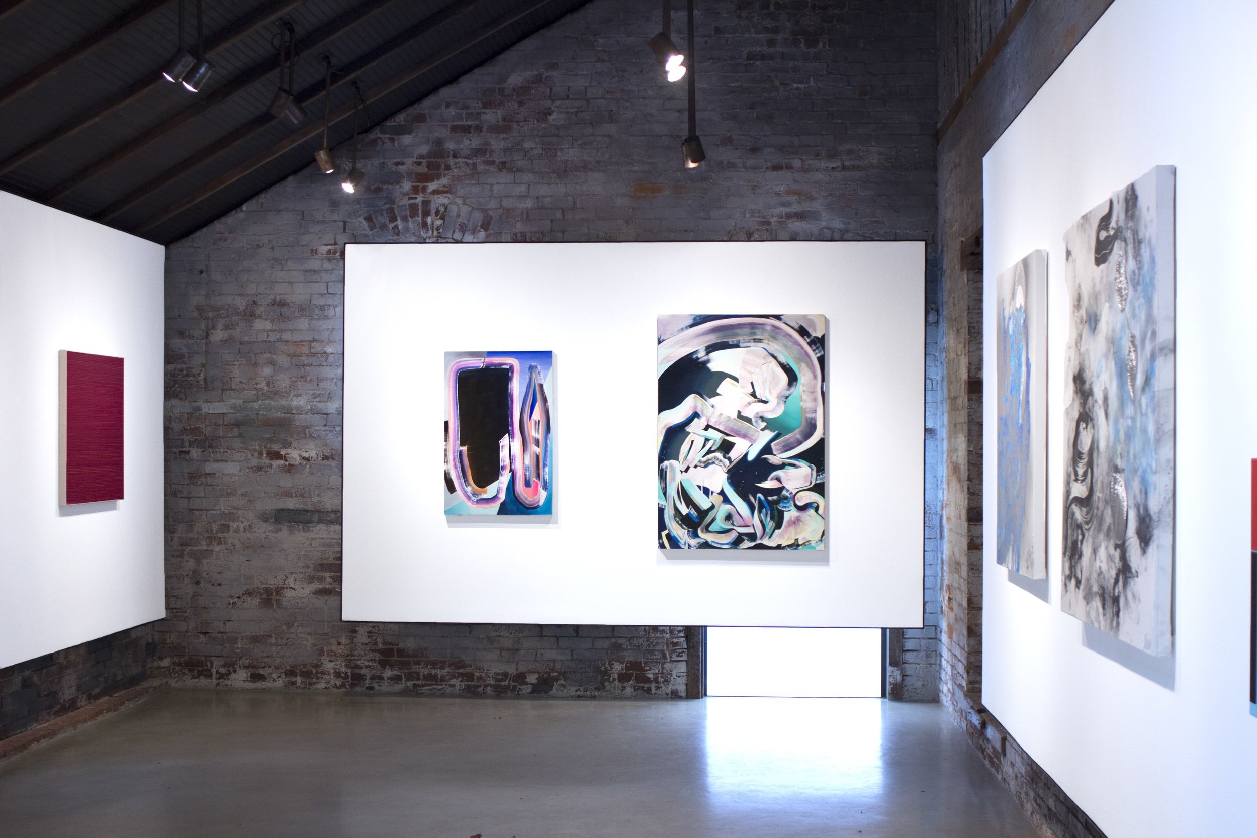 Installation view with paintings by (l to r) Lars Strandh, Karen Seapker, and Richard Feaster.