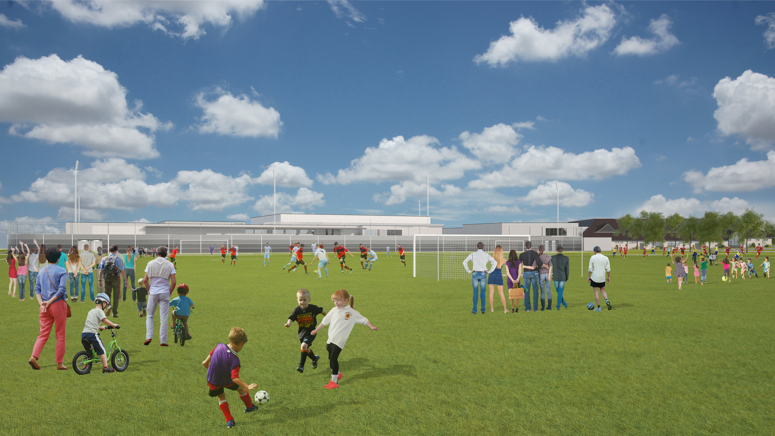 View across grass pitch. Photo: Lippe Architects + Planners Ltd
