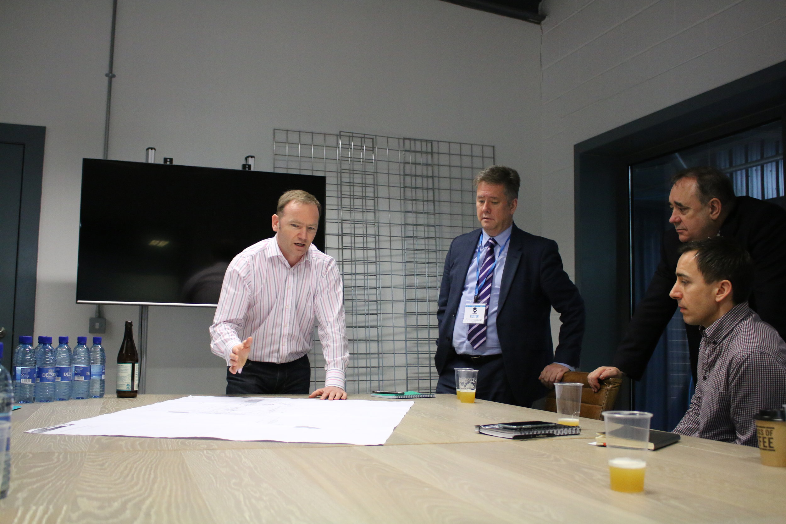 Meeting at BrewDog HQ. From left: Neil Simpson (Finance Director, BrewDog), Keith Brown MSP, Alex Salmond MP, Richard Street (Property and Legal Projects, BrewDog)