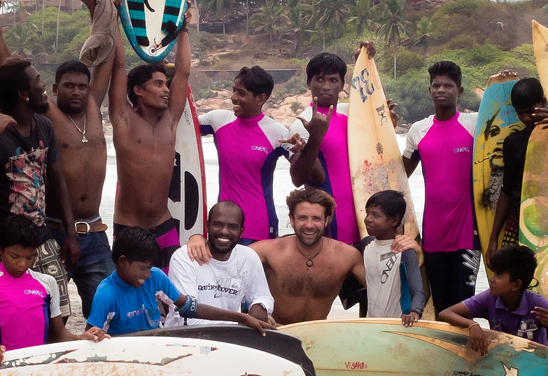 Jelle Rigole and members of the Kovalam Surf Club (A subsidiary of our Global Partner in India, SISP)