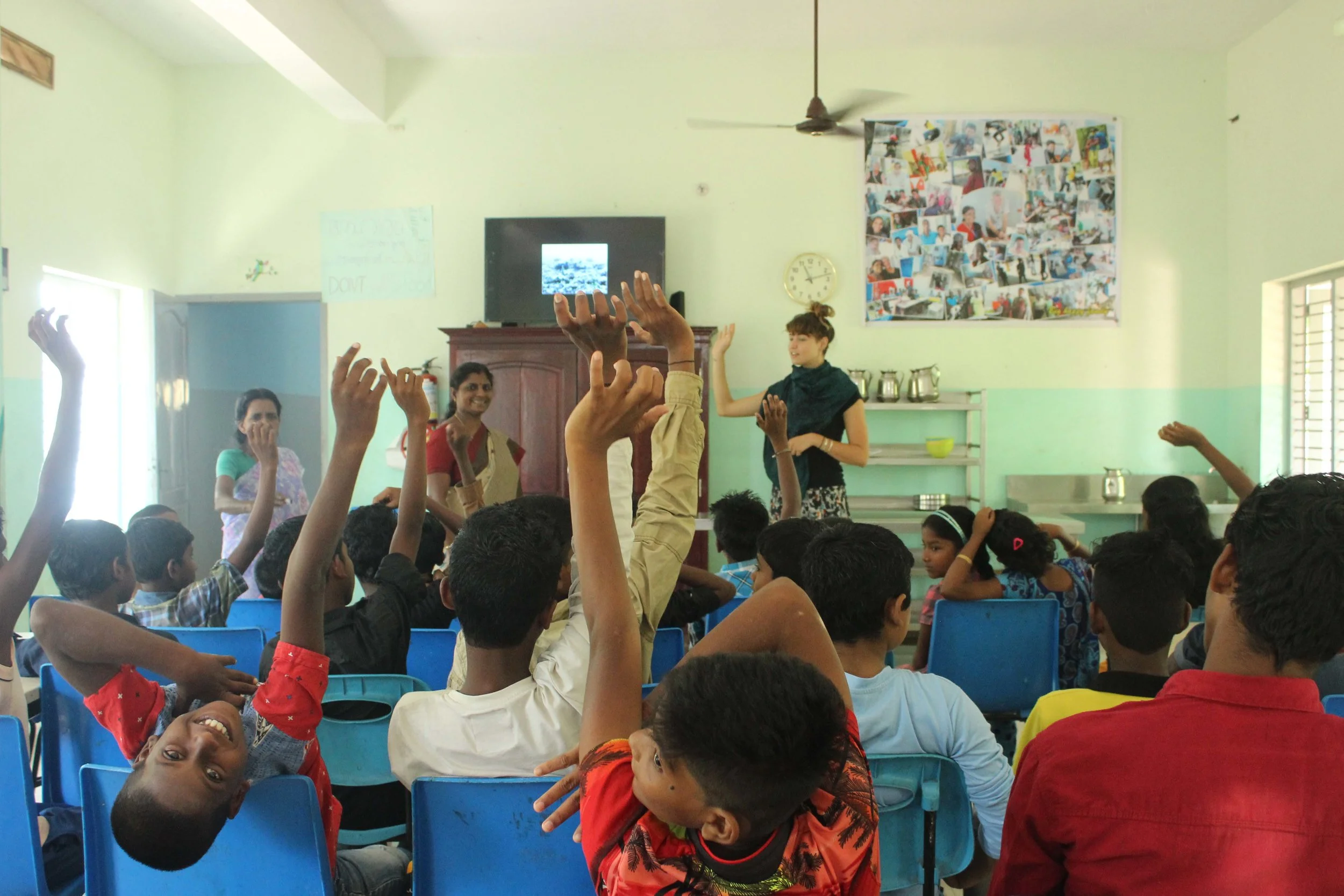 One of our waste management Ambassadors, Liberty, teaching the kids about marine pollution at our partner school;  Sebastian Indian Social Projects .