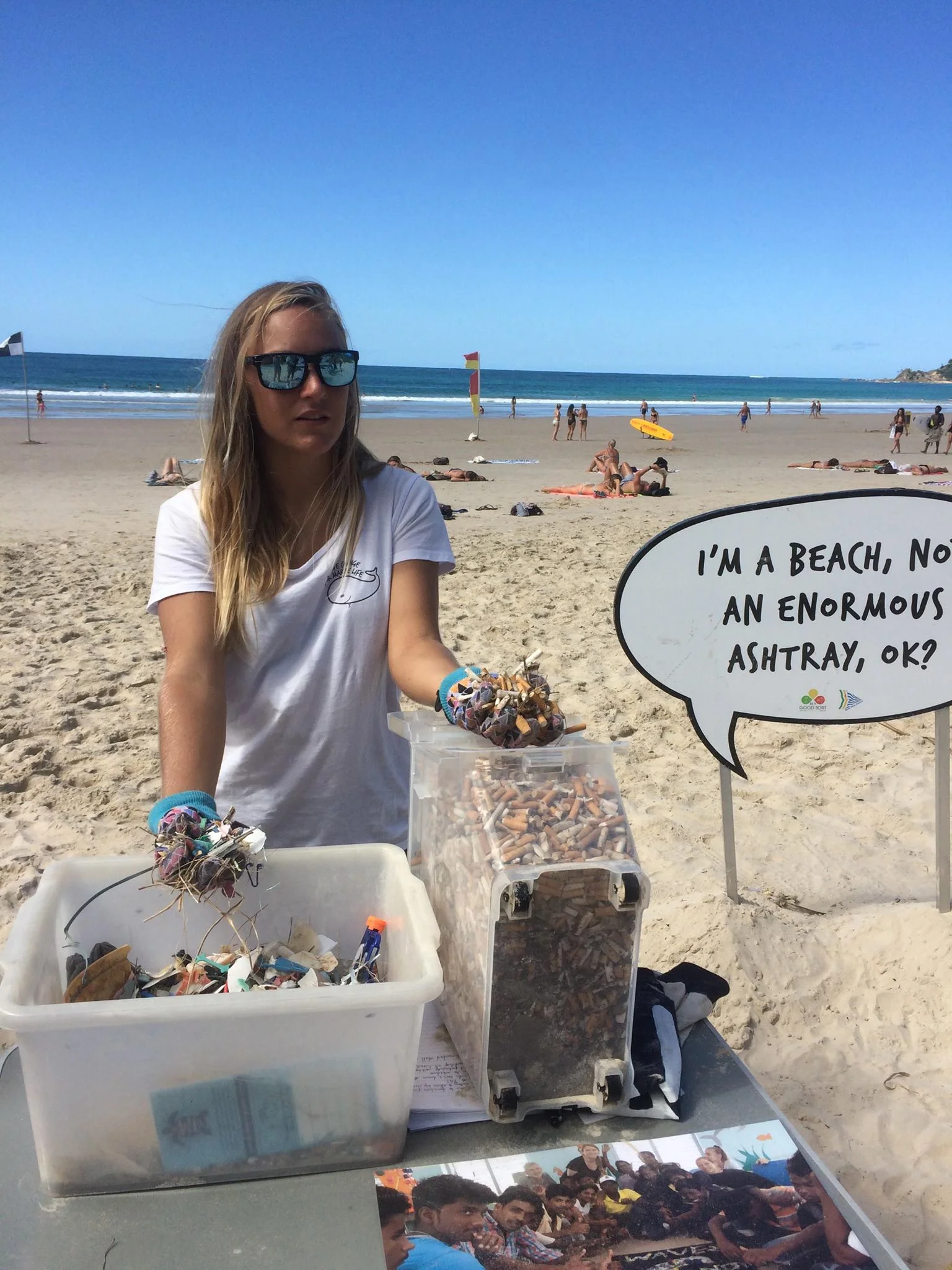 Some of the cigarette butts our team finds in our weekly surveys on Main Beach in Byron Bay