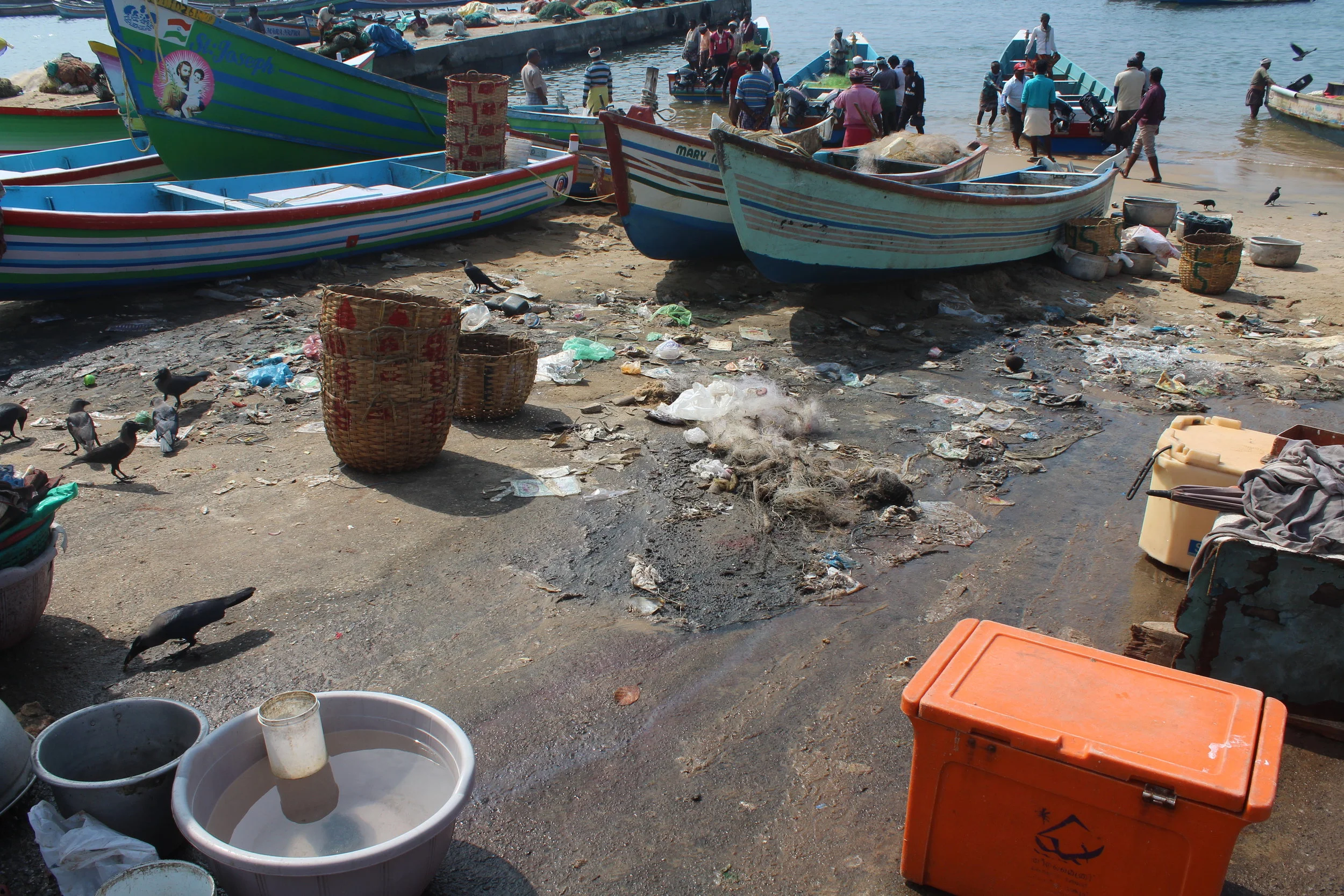 The extent of plastic pollution and waste in Vizhinjam Harbour is enormous. With no bins, everything is discarded into the environment.