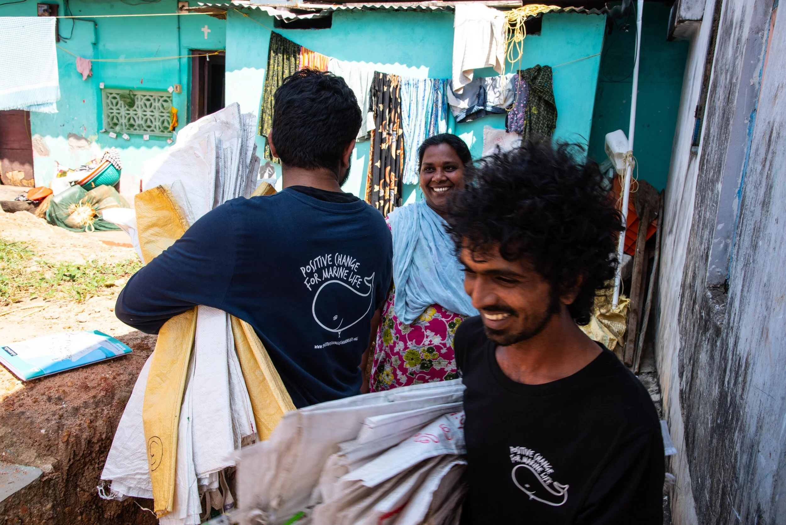 Positive Change for Marine Life works with households in Vizhinjam and Kottapuram in southern India segregating, cleaning, collecting and recycling plastic materials.