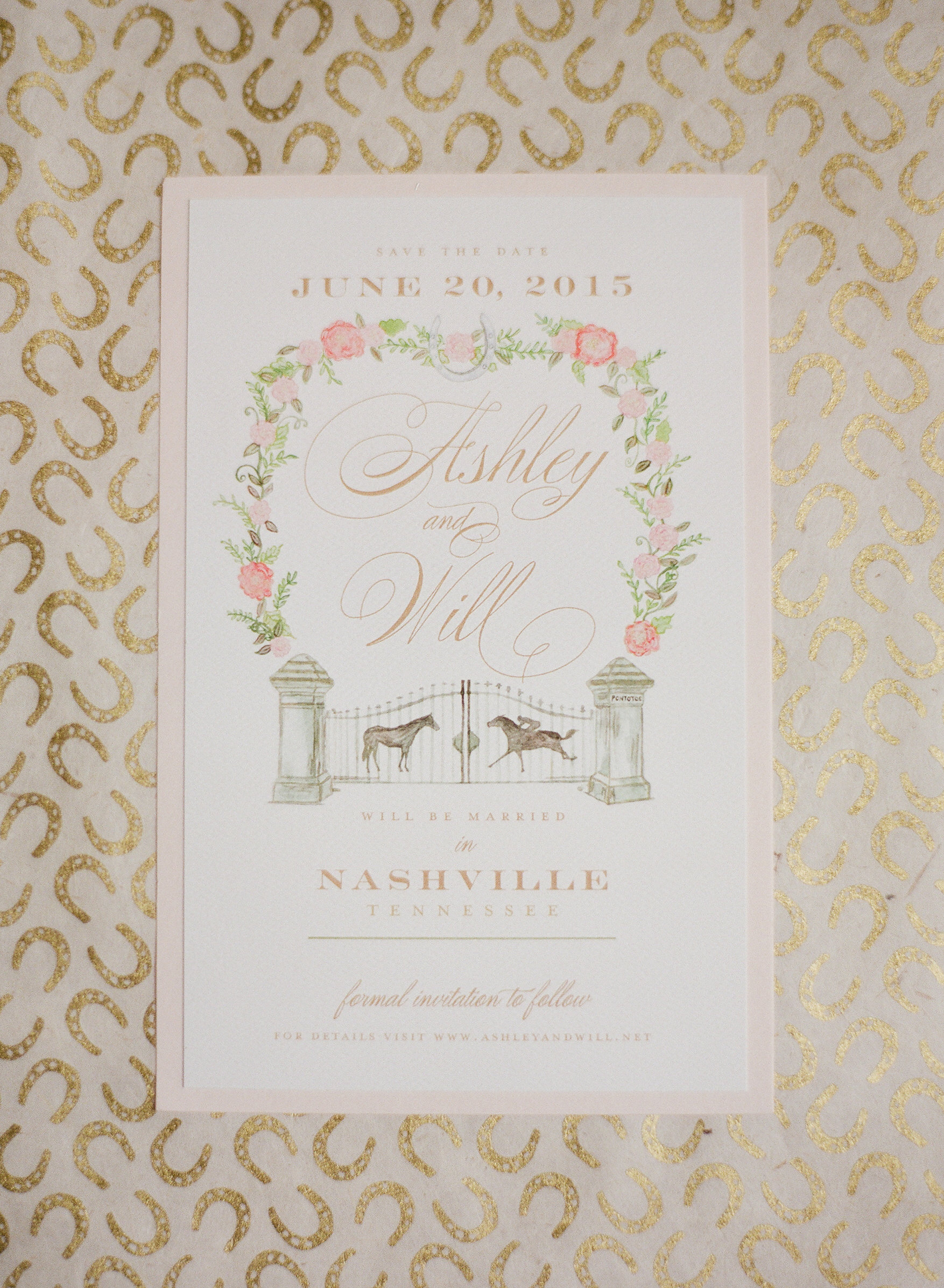 watercolor save the date with custom illustration of the gate at Pontotoc Farm