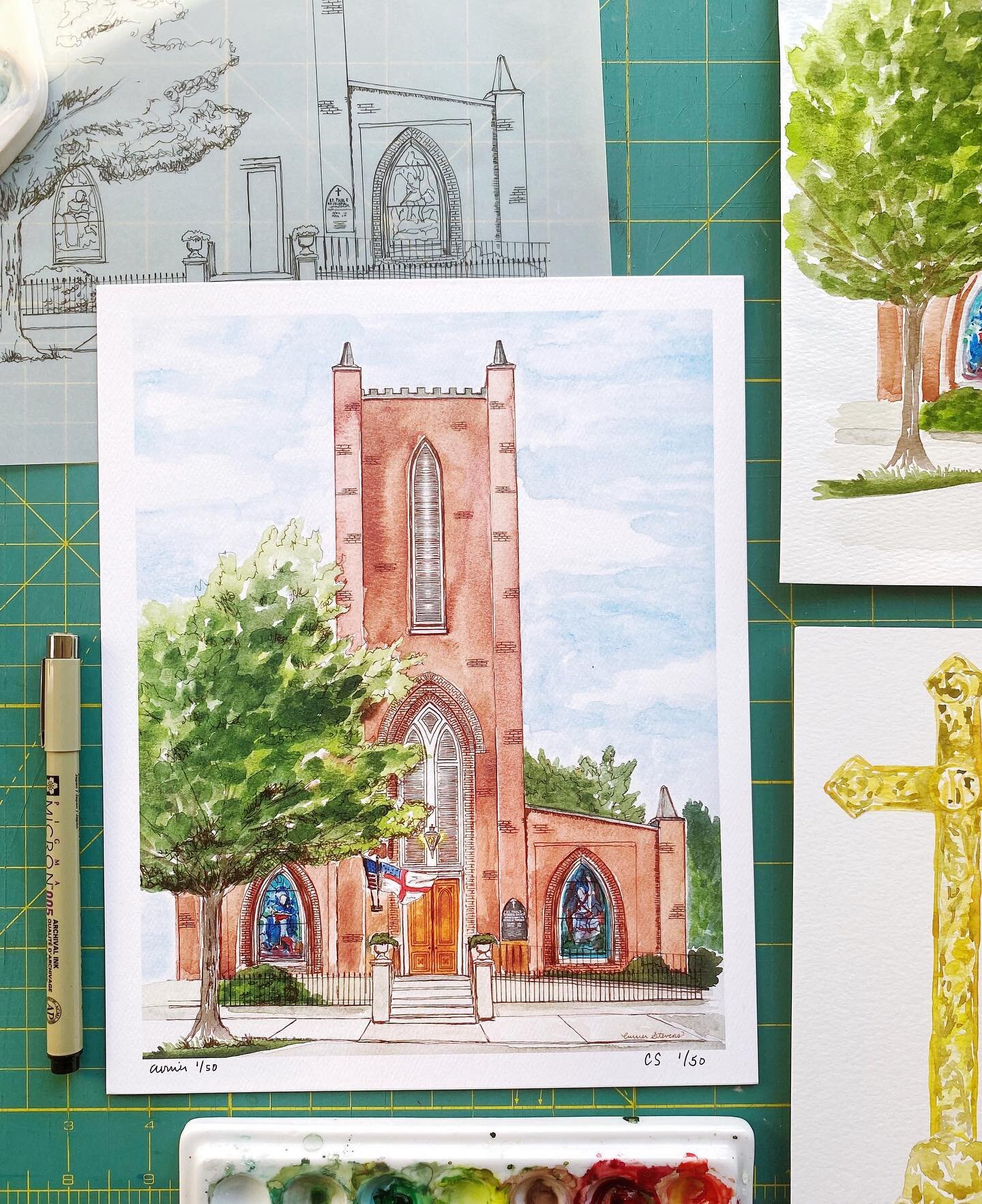 New artwork for @stpaulsfranklin Currier&rsquo;s church in downtown Franklin, that was founded in 1827. Their doors are still open and the  Tiffany stained-glass windows still glowing after all this time. 
.
.
.
#watercolorpainting #franklintn #color