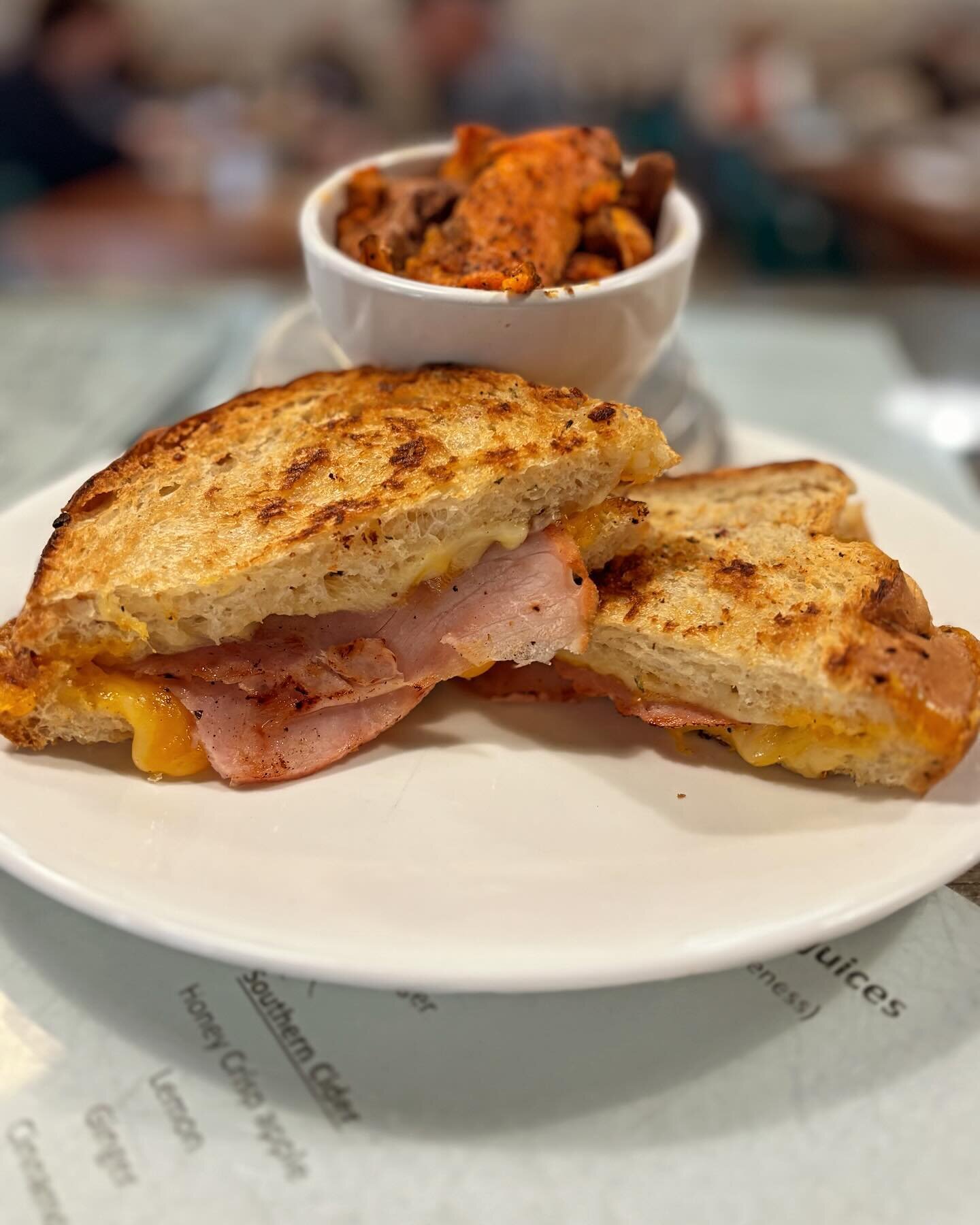 Special of the day : grilled ham and cheese on potato rosemary bread. Served with choice of side . #warehousebakeryanddonuts #fairhope #fairhopealabama #sweethomealabama #bakery #madefromscratch #specialoftheday #fairhoperestaurants #spring #monday