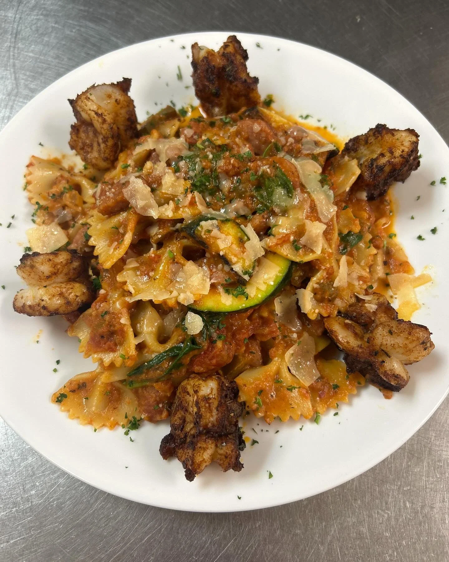 Today&rsquo;s lunch special is a blackened shrimp pasta with grilled zucchini, wilted spinach, grilled conecuh sausage and Parmesan cheese. #special #warehousebakeryanddonuts #fairhopealabama
