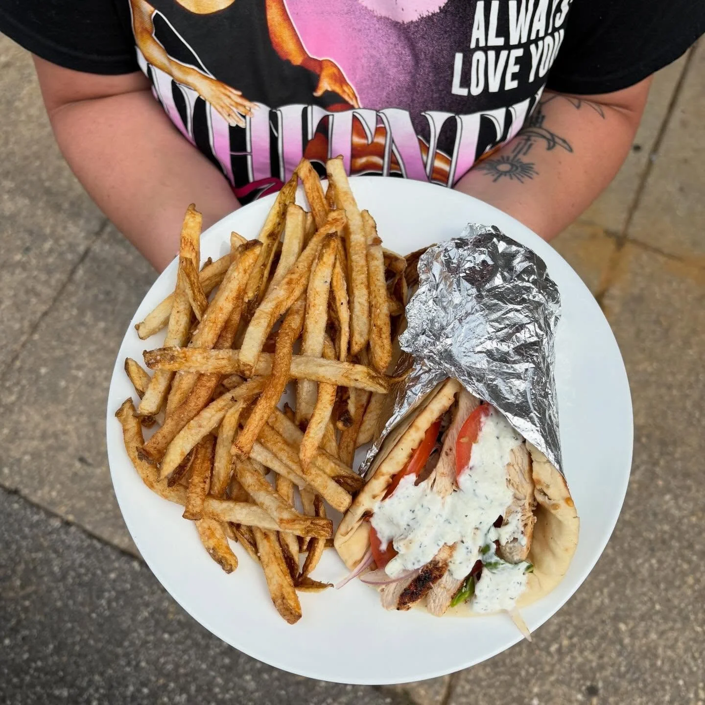 Today&rsquo;s Special - a grilled chicken gyro with lettuce, tomato, red onion, &amp; a delicious homemade tzatziki sauce on pita, served w/ your choice of side for $13 🤤 

#gyro #delicious #todaysspecial
