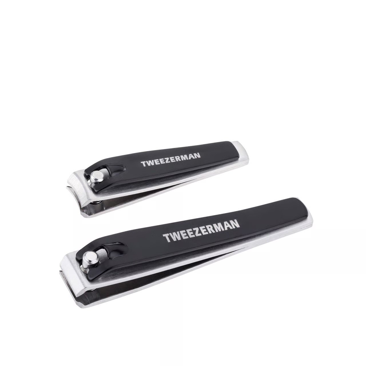 Two metal nail clippers with black handles and silver blades, labeled 'TWEEZERMAN' on the handles.
