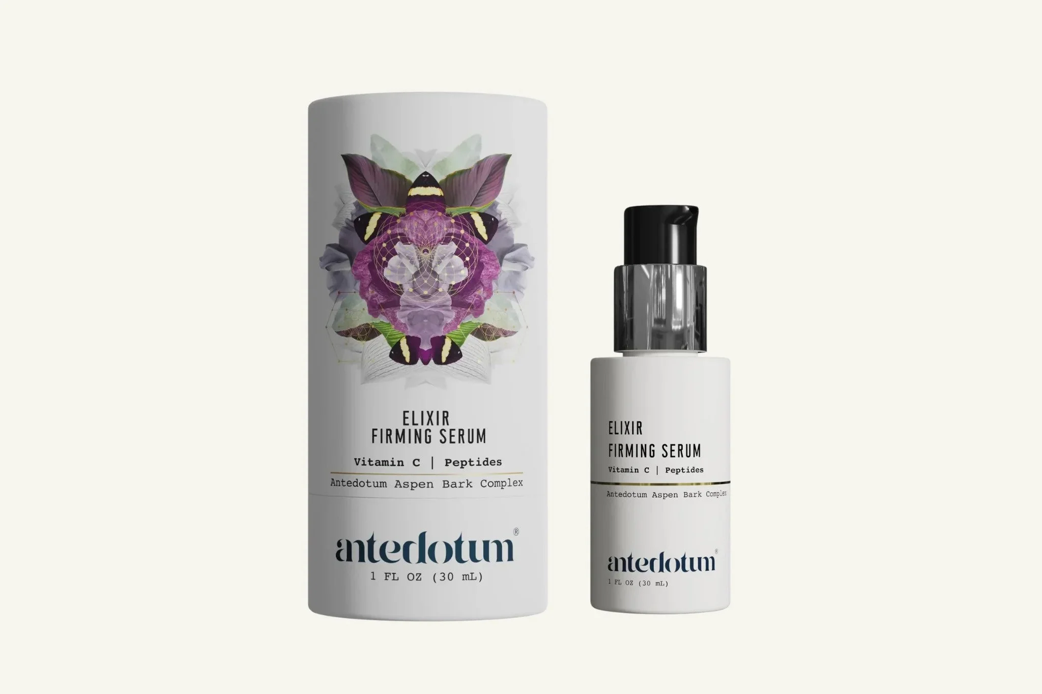 Two skincare bottles labeled 'Andotum Elixir Firming Serum' with botanical and butterfly illustrations, one larger and one smaller bottle with a pump dispenser.