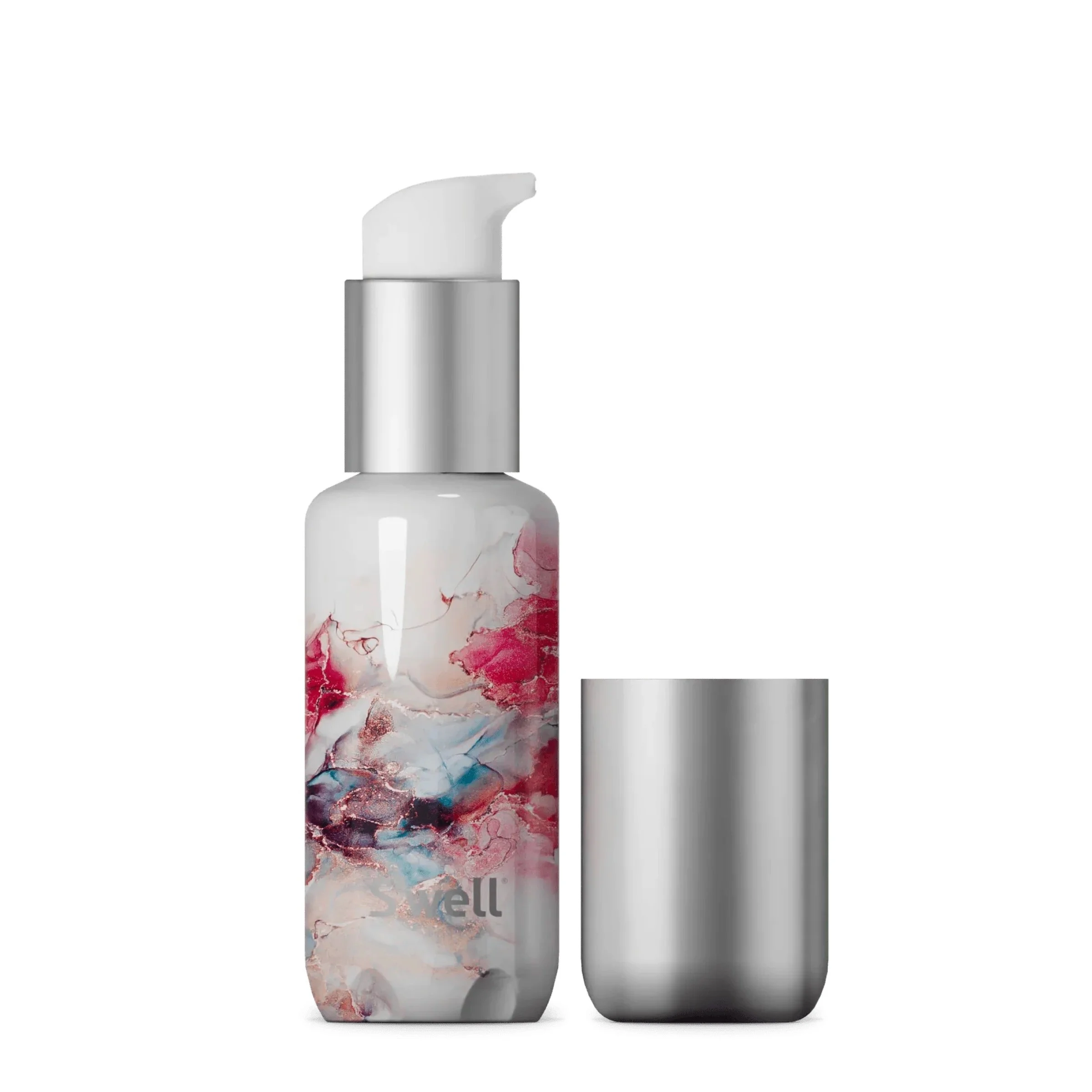 Four reusable water bottles with colorful caps and straps, with different marble or wood finishes, arranged in a row on a white background.