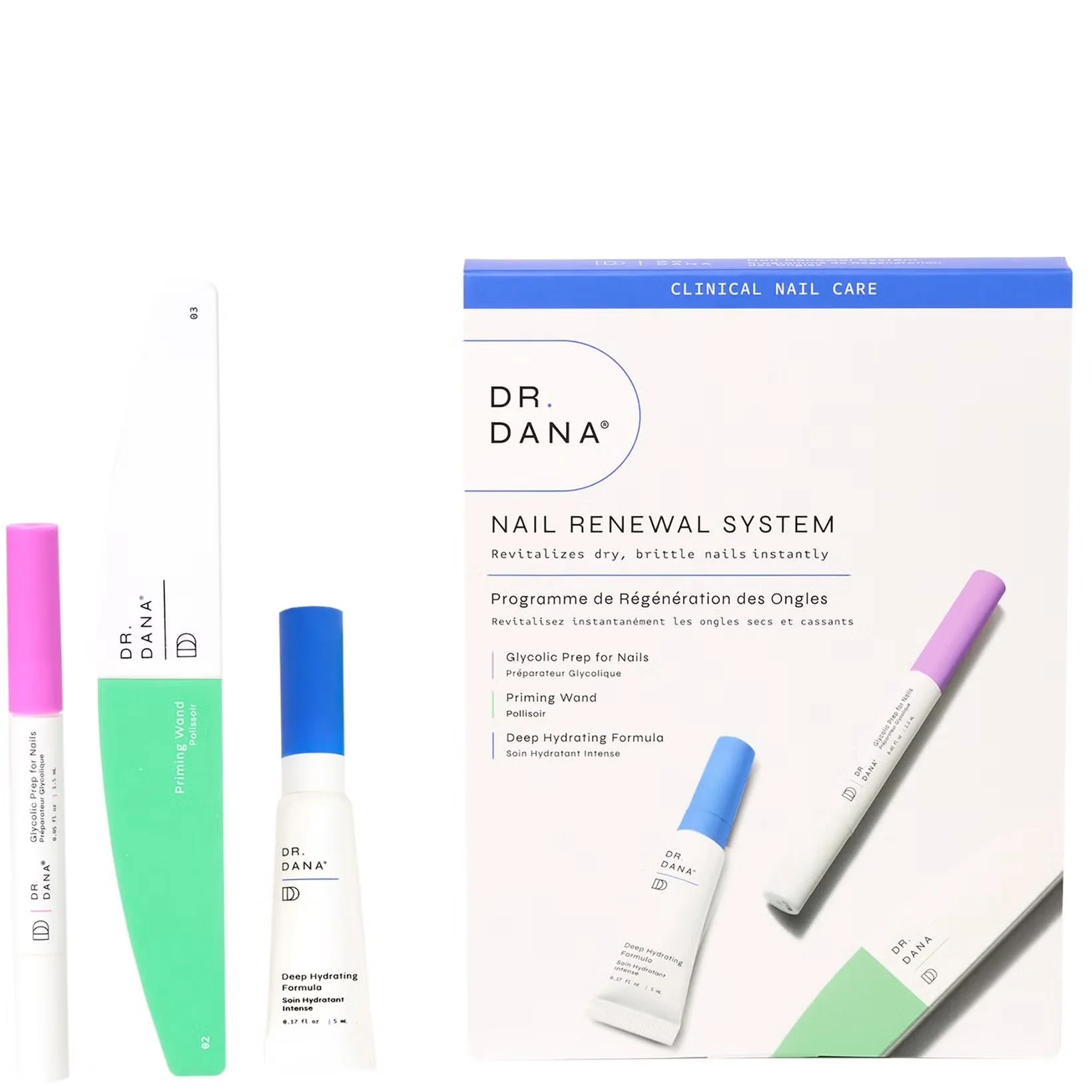 Photo of Dr. Dana nail renewal system products, including a primer wand, deep hydrating formula tube, and a box with product description and branding for revitalizing dry, brittle nails.