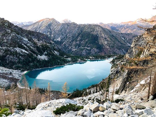 Colchuck Lake from 1/4 way up Aasgard Pass. We had no idea we would be climbing this for another 7 hours 😥