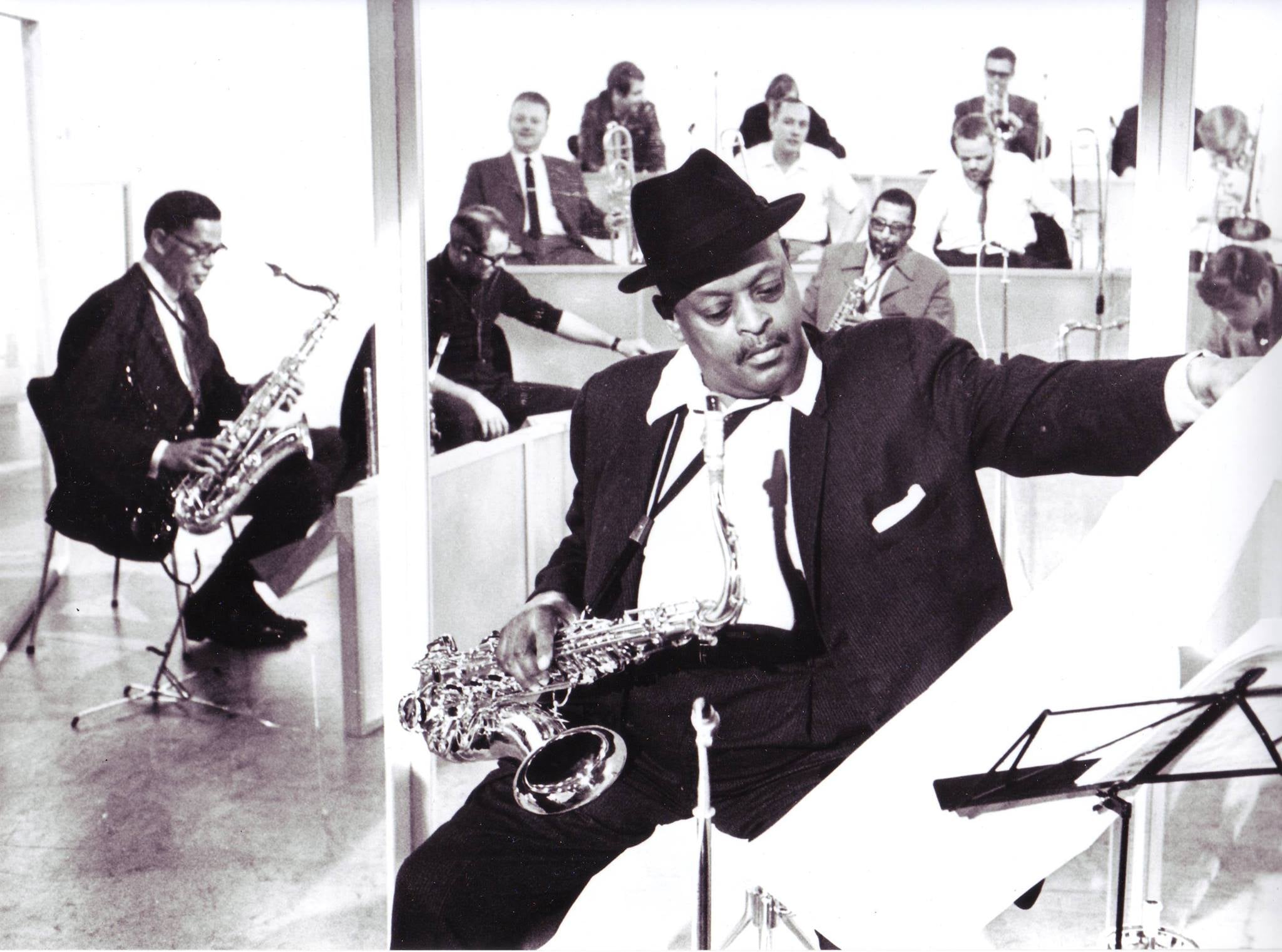 Ben Webster and Dexter Gordon, Copenhagen, DK. Baritone saxophonist Sahib Shihab over Ben's left shoulder.