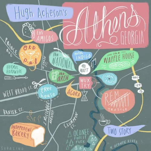 Hugh Acheson has certainly revolutionized the food scene in Athens, Ga since the launch of his flagship Five & Ten. Almost 14 years later, the fantastic food options (and other pleasures) are numerous. Even the change since the last Athens city guide is remarkable…
This weekend, let him tour you around our fair city with this guide brought to us by Design Sponge. Read his full story here .
7:45 am: Independent Bakery, for a quick morning coffee and a fresh baguette.
9:30 am: Waffle House for some mid-morning waffles and a small order of well-done hash browns, smothered.
10:25 am: A walk to The Arch – while walking downtown, to contemplate greatness – on the way to Wuxtry to grab some tunes and see a flyer for a show at the 40 Watt.
11:17 am: The REM Trestle for a break from the hustle and bustle.
12:35 pm: Delicious Tacos: for delicious tacos. (It’s really called Los Amigos, but Delicious Tacos are what I eat.) 2:30 pm: Two Story for a mid-day writing session with a good cappuccino. 7:00 pm: Dinner at my restaurant, The National. I will enjoy fabulous vittles with Mediterranean sensibilities created by my pal Peter Dale.
…speaking of pals…
8:30 pm: Old Pal to sit at the bar and drink some bourbon.
10:00 pm: End up at 40 Watt to wrap up the day with a show.
We’ll see you at 7 o’ clock!