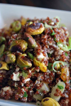“Jeweled” Quinoa Salad Serves four
The dried fruits, pomegranate seeds, and pistachios are the “jewels” in this Persian-inspired salad, perfect as an appetizer or side dish. When pomegranates are out of season, simply use red quinoa instead of regular quinoa (as pictured) to compensate for the loss of color. This salad is a great way to introduce some color and a touch of sweetness into a winter meal.
Ingredients
1 cup quinoa, rinsed
2½ cups water
¼ cup dried currants, plumped in warm water
¼ cup golden raisins, plumped in warm water
¼ cup dried apricots, diced
¼ cup pomegranate seeds
¼ cup pistachios
½ cup Italian parsley, coarsely chopped
2 scallions, diced
Juice of one lemon
3 T olive oil
3 oz crumbled feta
Salt and ground black pepper to taste
Directions
In a saucepan, bring the quinoa and water to a boil. Cover and cook over low heat until the water is absorbed and the quinoa is tender, 20 minutes. Let cool.
Meanwhile, combine the lemon juice and olive oil in a bowl, set aside.
In a large toss bowl combine the quinoa, fruits, pistachios, parsley, scallions and feta. Toss the quinoa mixture with the lemon juice and olive oil until well combined. Season with salt and pepper to taste.
Recipe originally published in B'Nai B'Rith Magazine
Photo courtesy of Emily Hall.