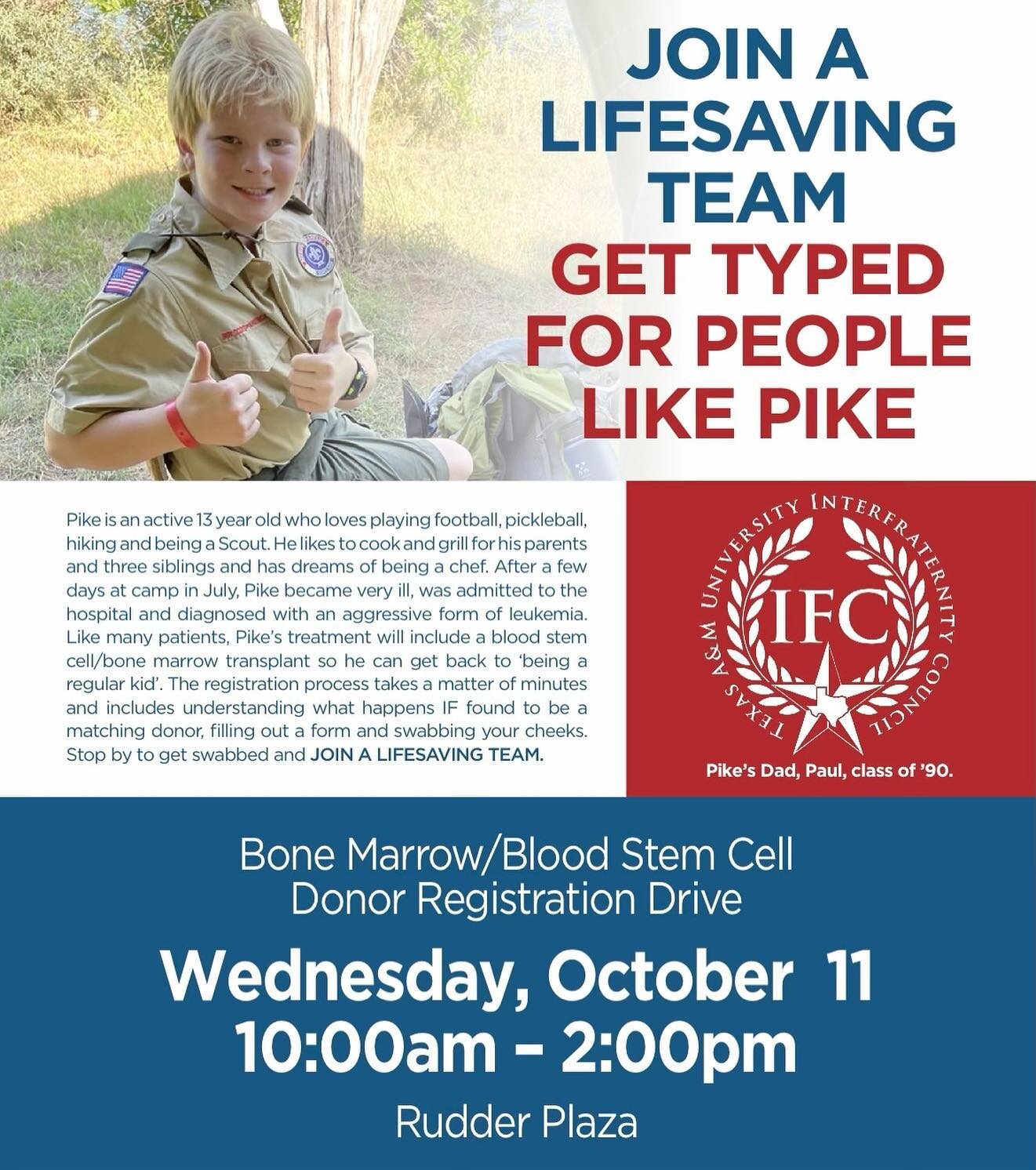 We are proud to announce IFC&rsquo;s fall philanthropy. We will be doing a Bone Marrow drive next Wednesday outside rudder plaza. 

Every 3-4 minutes, someone in the U.S. is diagnosed with a blood cancer like leukemia or lymphoma. It can happen to an