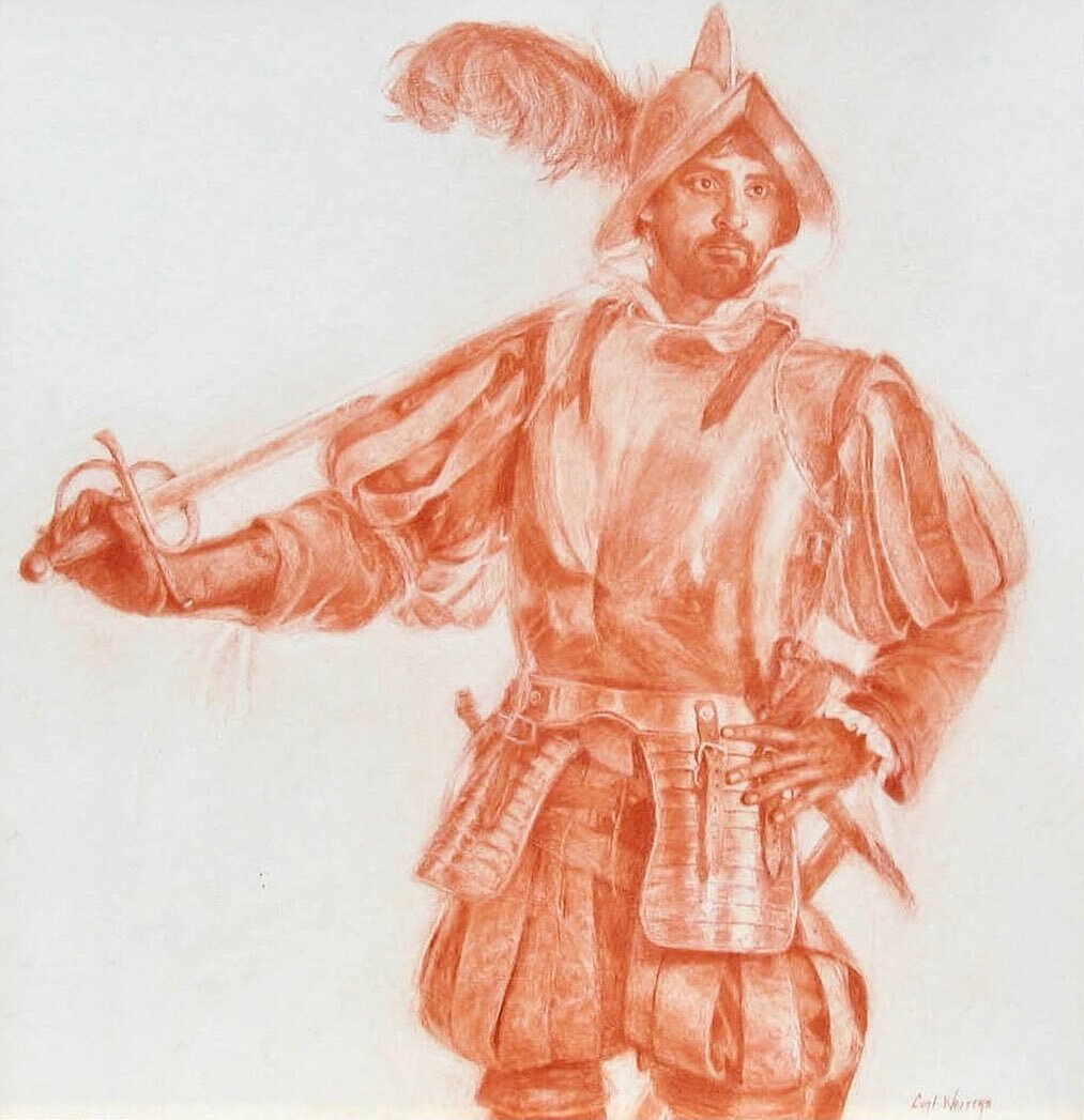 When Curt Walters (b. 1950) did this conte drawing he drew the model from life. Today we got a visit from Ty, the model himself. Adorned in armor and holding a sword, he held this pose for hours while Walters drew him. Entitled &ldquo;Grand Explorer&