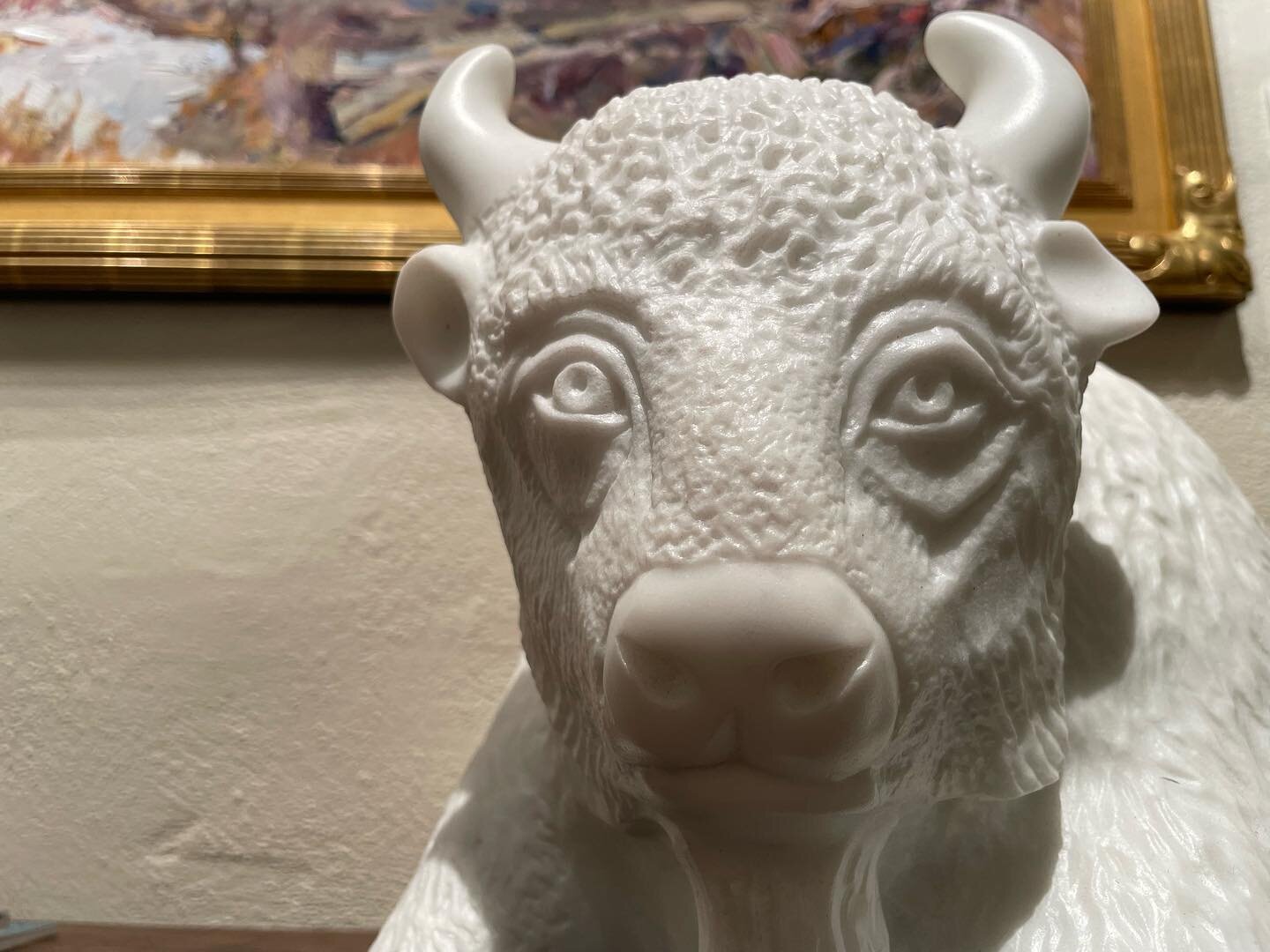 #nedramatteuccigalleries continues our countdown to #santafeindianmarket with this evocative bison by Native artist Doug Hyde. &ldquo;Wild Child&rdquo; is a beautifully rendered marble sculpture whose adorably animated facial expression inspires smil