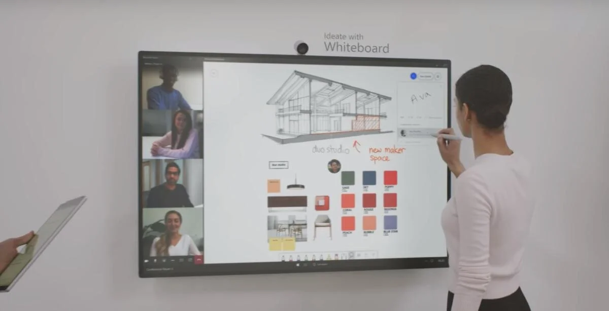  Microsoft Surface Hub 2 promotional still featuring the Whiteboard collaboration. 