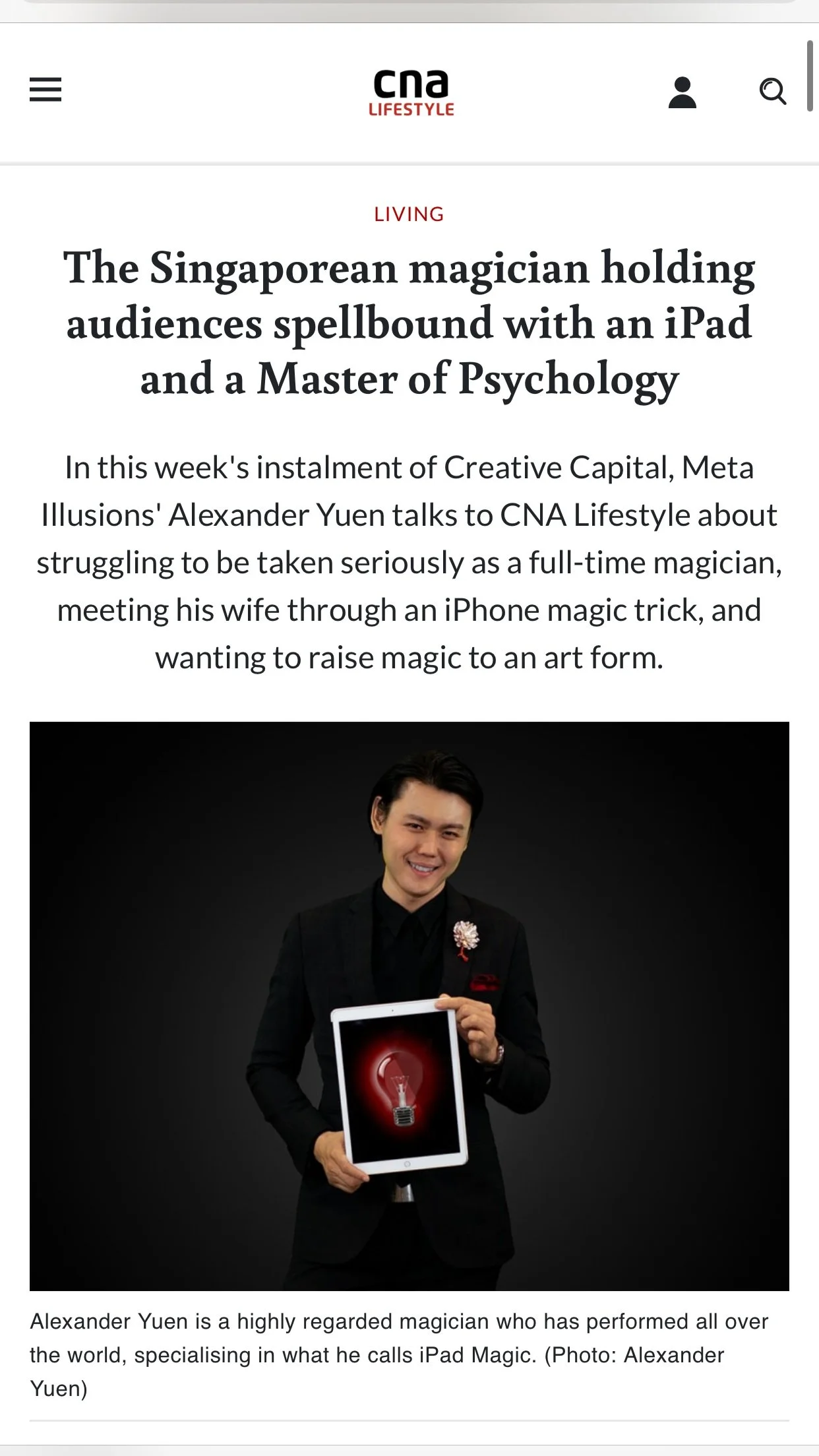 Featured on Channel News Asia - iPad Illusionist for Luxury Events