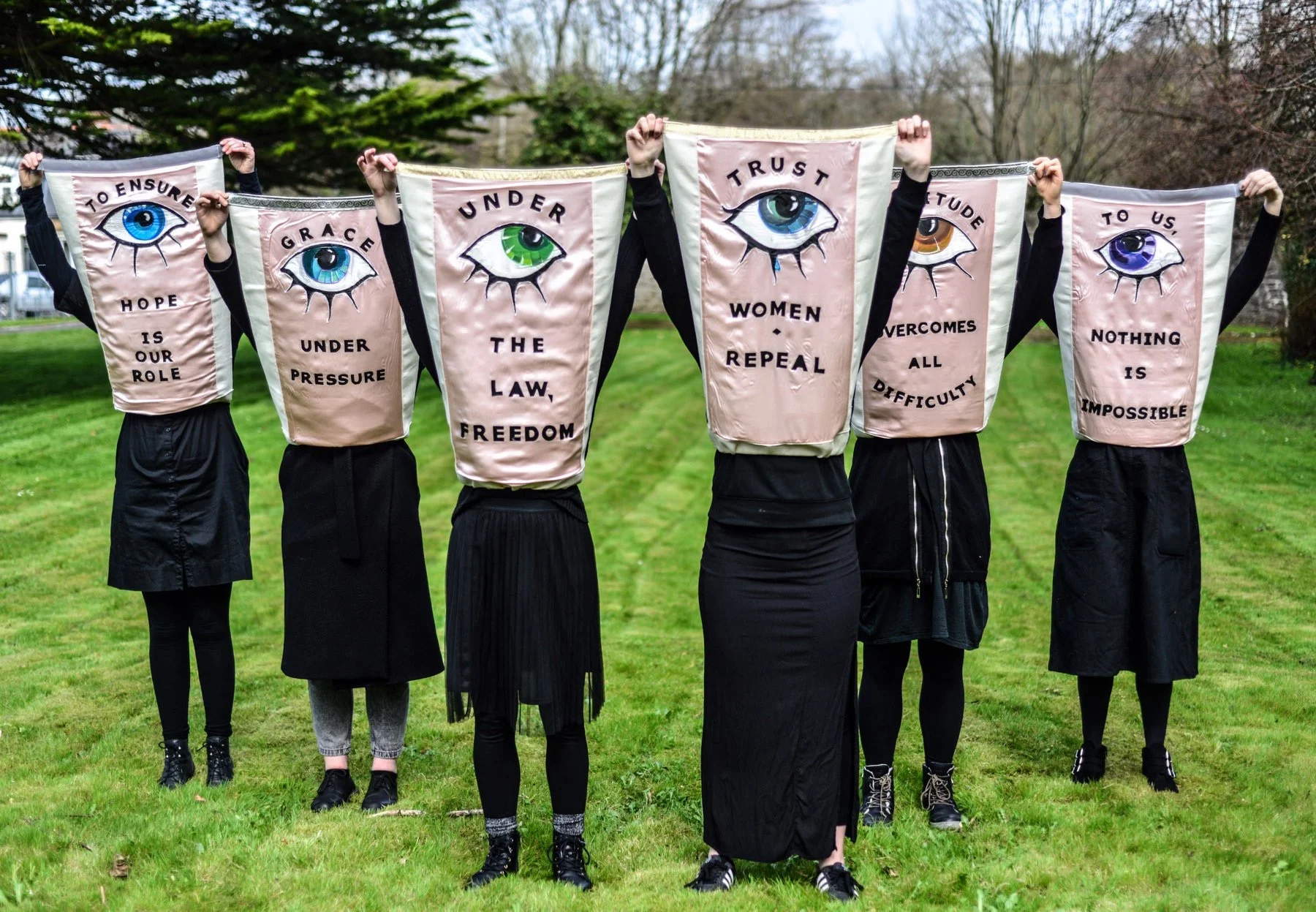 Aprons of Power performance for the Artists’ Campaign to Repeal the Eighth Amendment Repeal! Procession at EVA International Biennale, 2018, Limerick. image credit; Darren Ryan