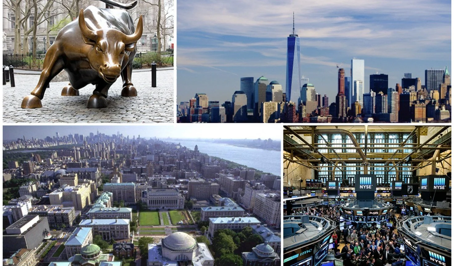 Collage of the Wall Street bull, the Lower Manhattan skyline, Columbia University campus and the NYSE trading floor