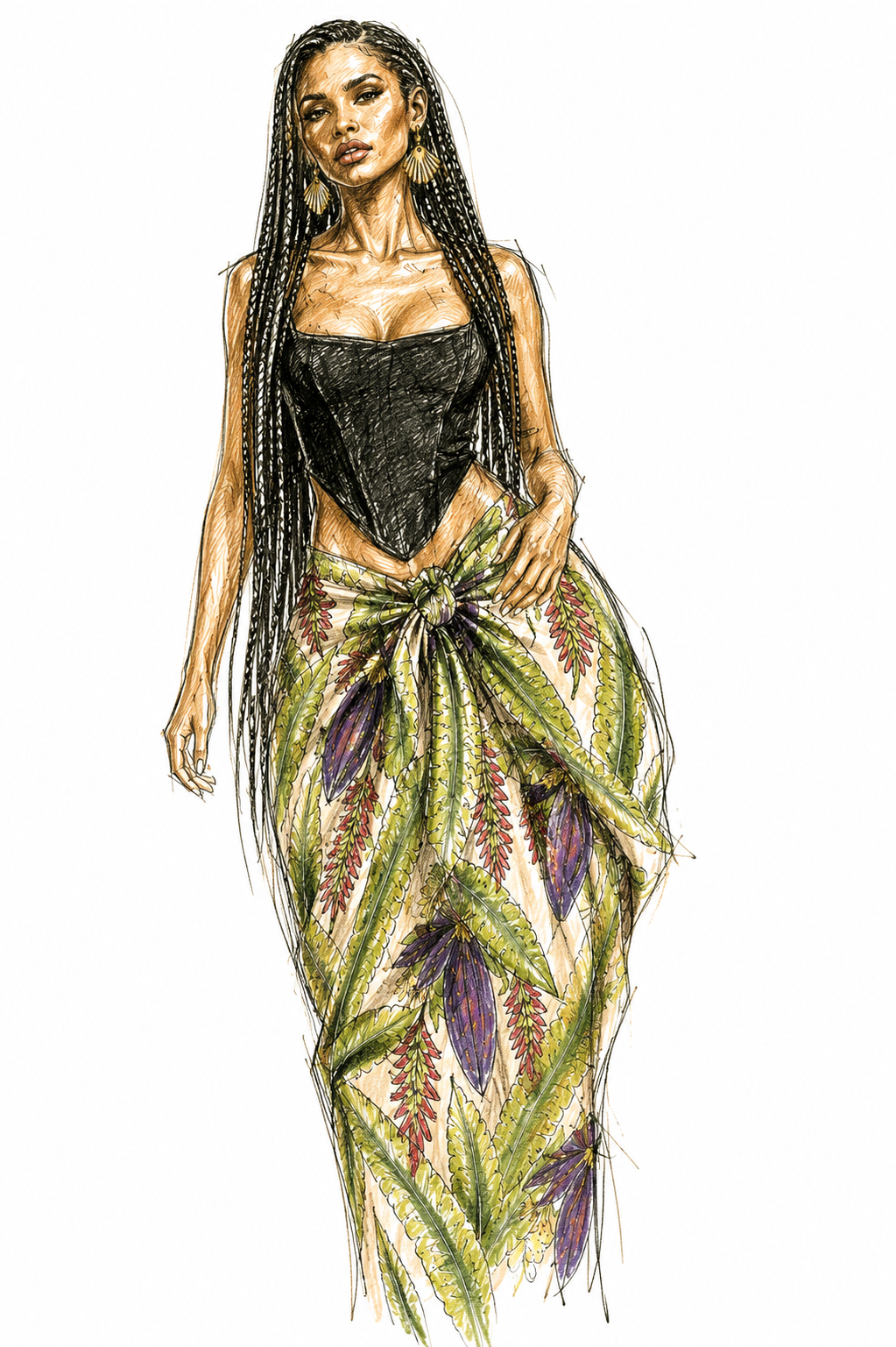 Illustration of a woman with long braided hair, wearing a black sleeveless top and a colorful floral skirt tied at the waist, accessorized with large earrings.