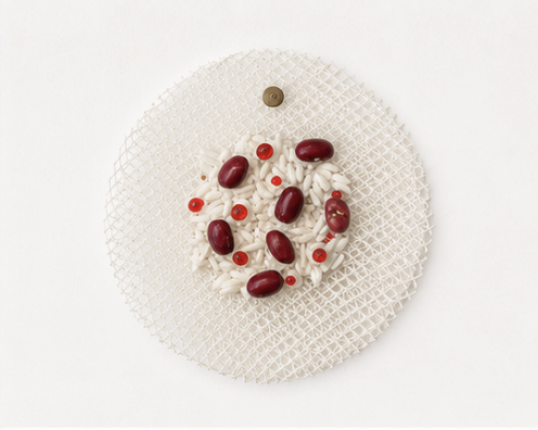 White plate with rice, red beans, and small red berries on a textured glass plate with a small round object at the top