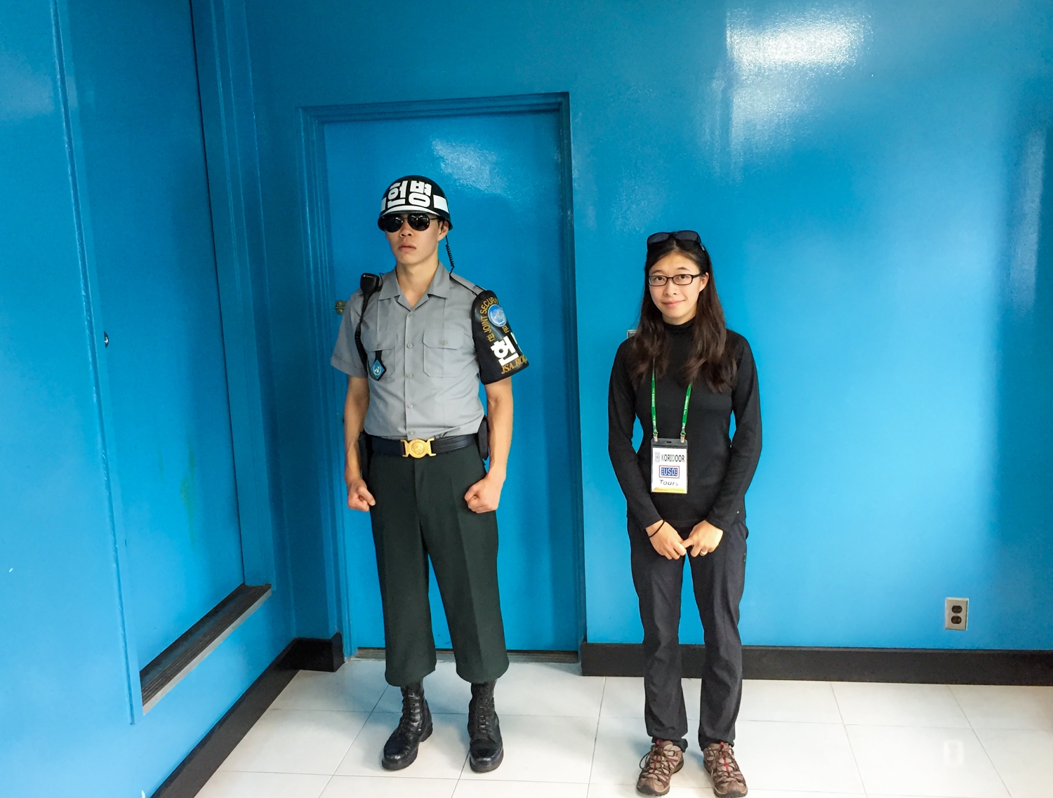 SK "rock soldiers" stand in a modified Taekwondo stance for maximum intimidation factor. We're told that sometimes the NK soldiers will scowl and draw their fingers across the throat at the SK side. Retaliatory gestures are not advised...