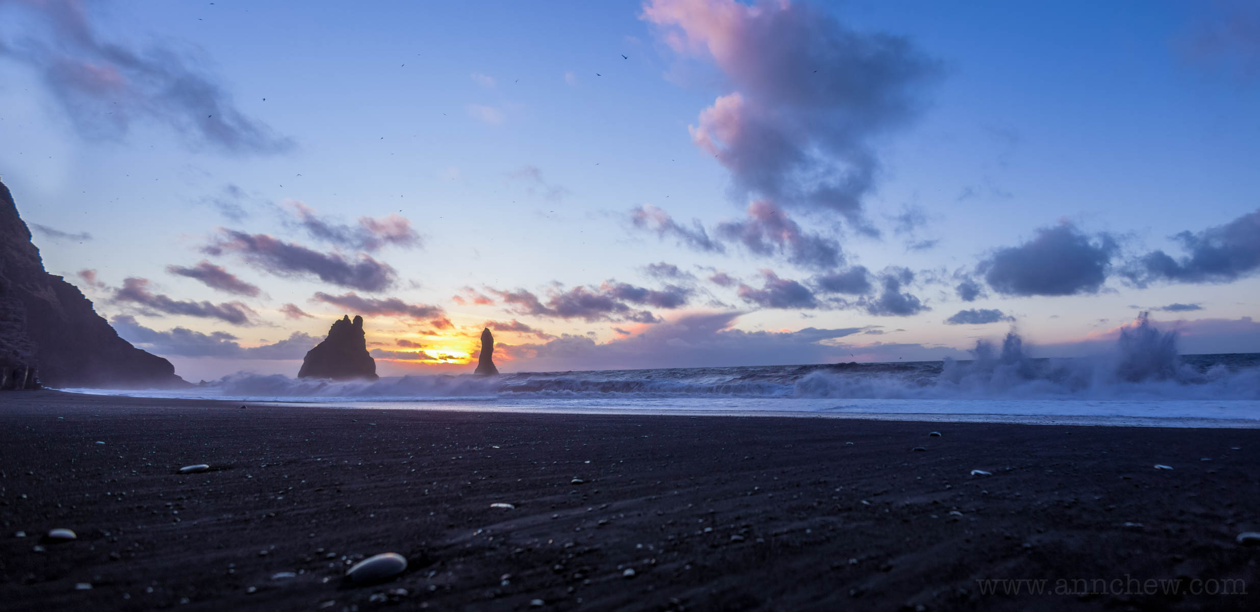 Sunrise over Reynisfjara, at 9:49AM.