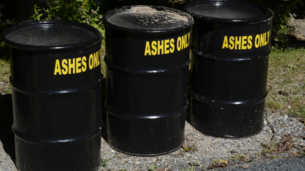 Long after a fireplace is out coals buried in ash remain very hot. Use the ash containers here .