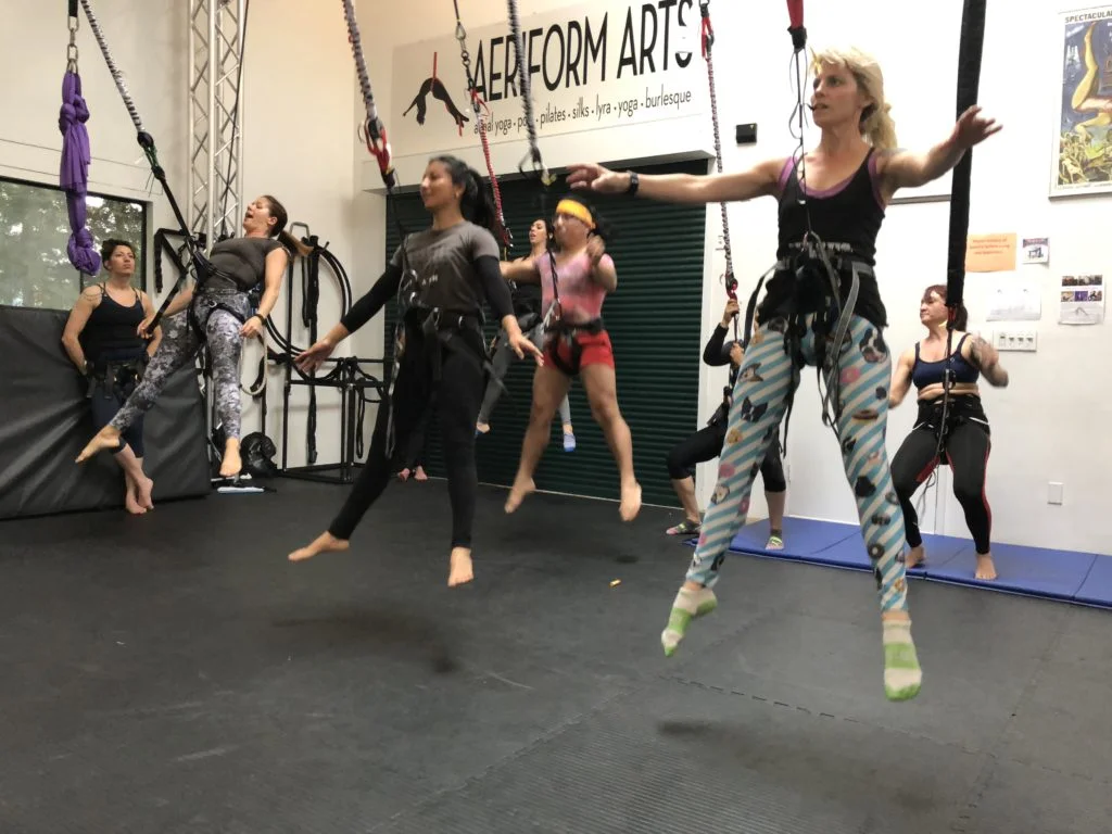 GROUNDED AERIAL® BUNGEE: Our GROUNDED AERIAL® Bungee Classes create the opportunity for you to FLY! This amazingly fun combination of fitness with modern dance, teaches both dynamic and graceful movements aided by a bungee and safety harness. Movements augmented by the bungee are incredibly empowering, rewarding, and addictive. Come move and dream without constraint and both literally and figuratively take your workout & dance to the next level!
