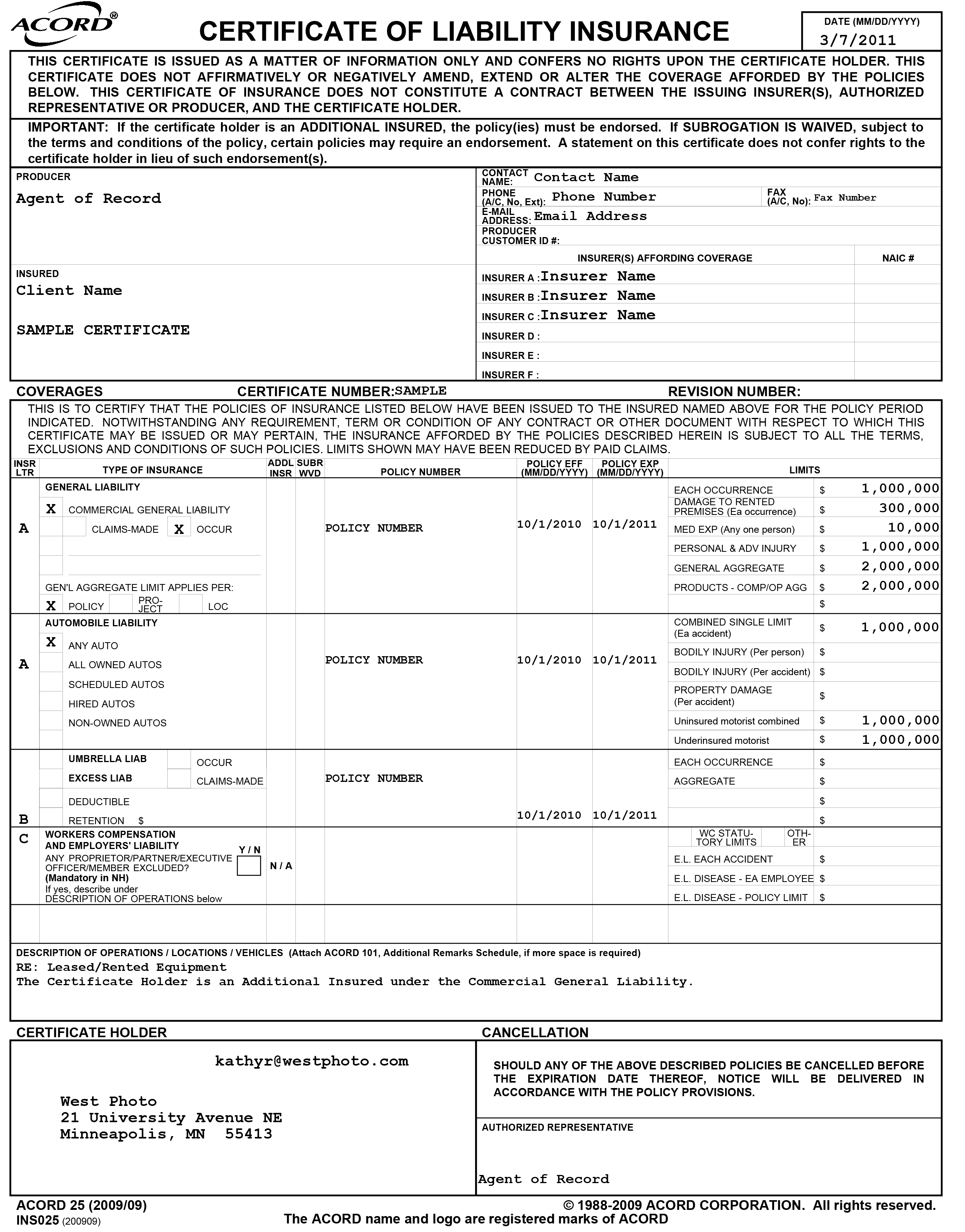 Certificate of Insurance — West Photo
