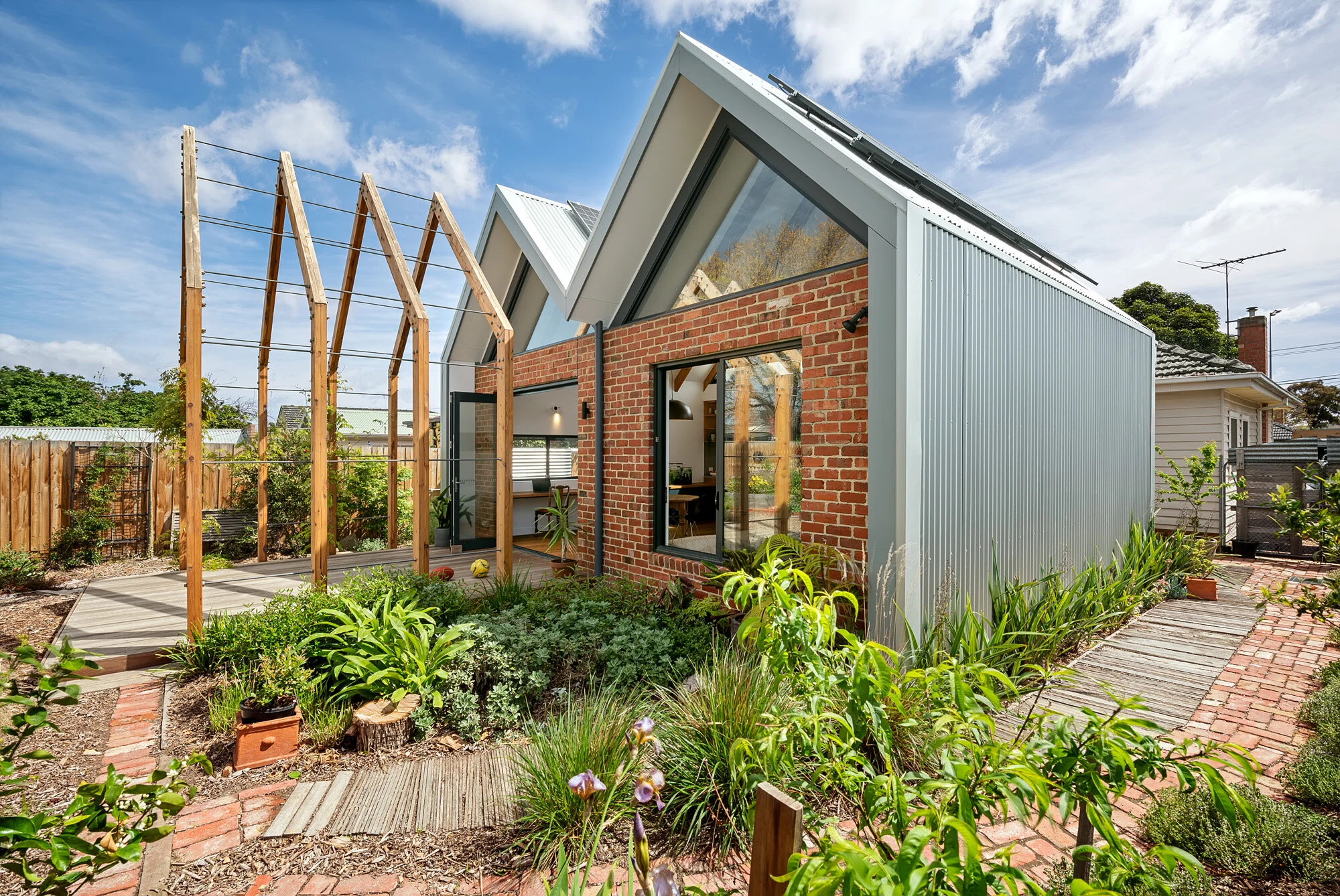 Rear extension with rooftop solar panels, corrugated steel cladding and a vine-trellis pergola over a native garden path