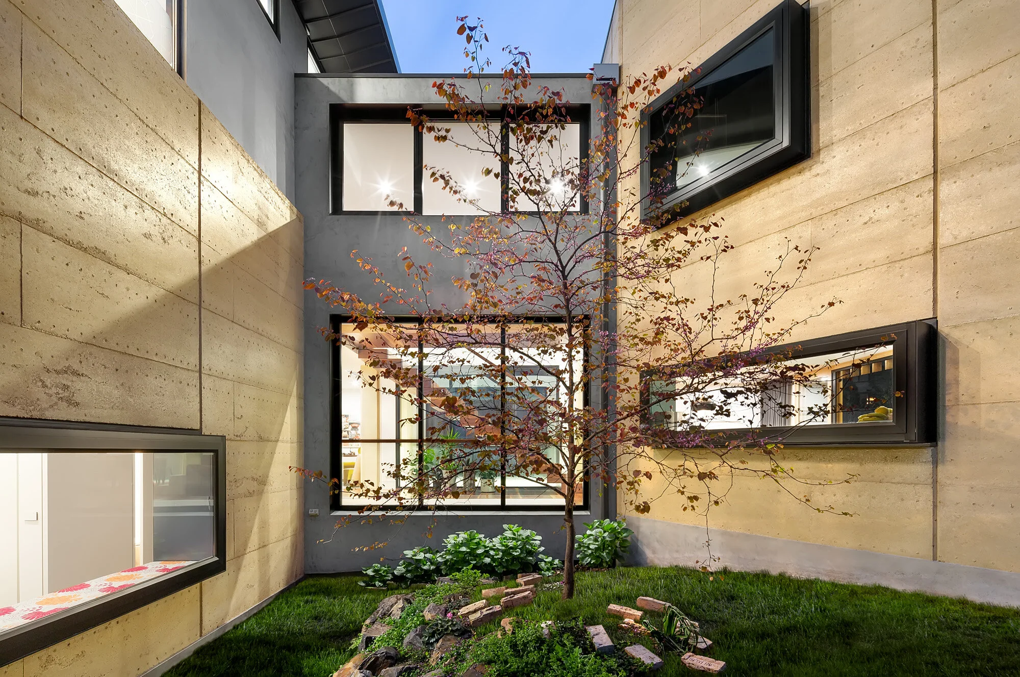Rammed eart walls surround central courtyard with view to Japanese Maple.