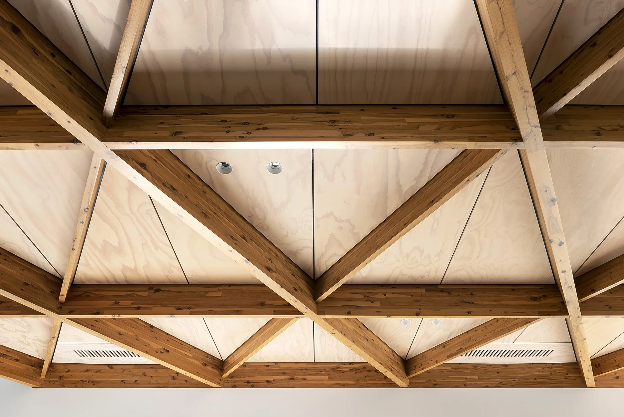 Close-up detail of the timber ceiling's diagrid beam structure and plywood lining