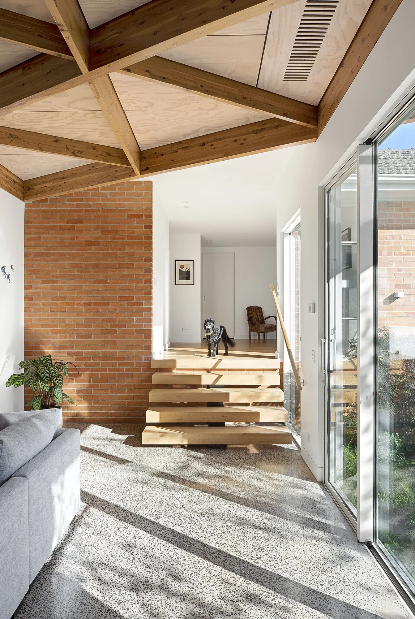 Floating timber stair beside a recycled brick wall, leading to a smooth polished concrete floor, beneath a timber ceiling, with a dog atop the landing