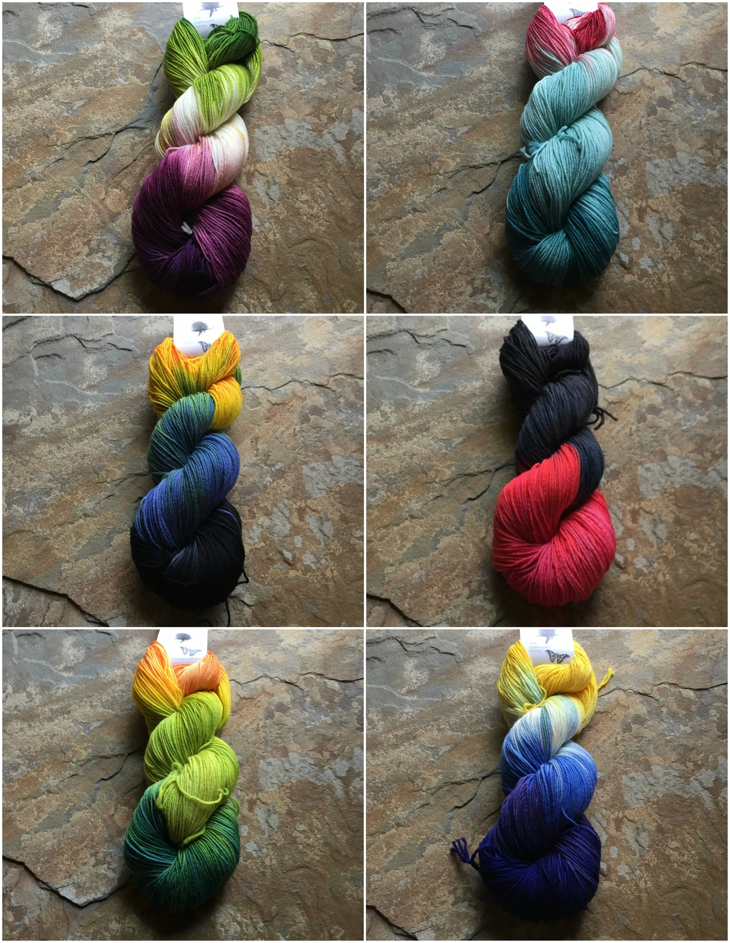 The Entomology Collection Colorways. Left Column from top to bottom: Hubbard's Caterpillar, Cecropia Caterpillar, and Praying Mantis. Right Column from top to bottom: Luna Moth, Burnet Moth, and Leaf Hopper.