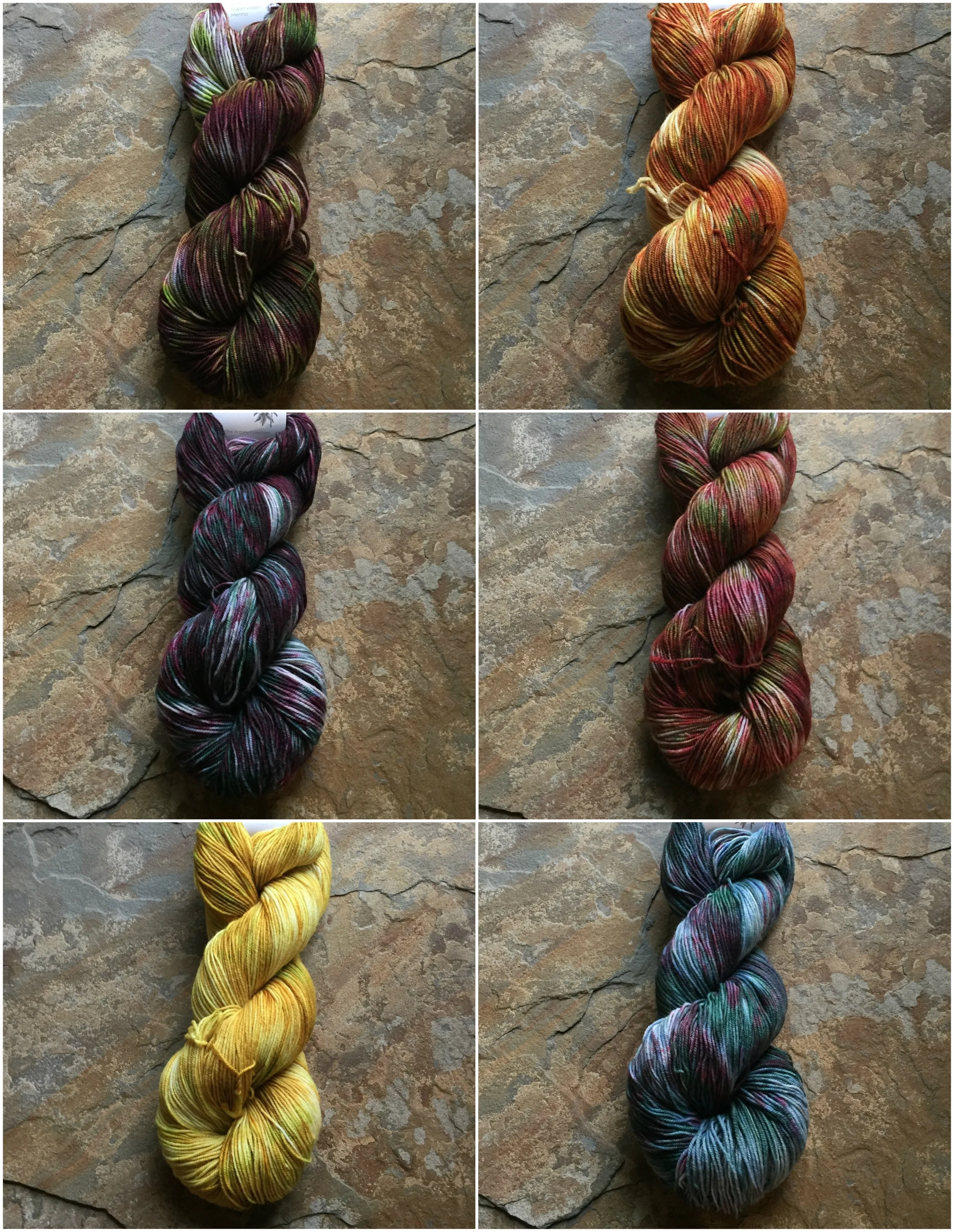 The Botany Collection Colorways. Left Column from top to bottom: Jack in the Pulpit, Elderberry, and Wild Mustard. Right Column from top to bottom: California Poppy, Prickly Pear Cactus, and Succulents.