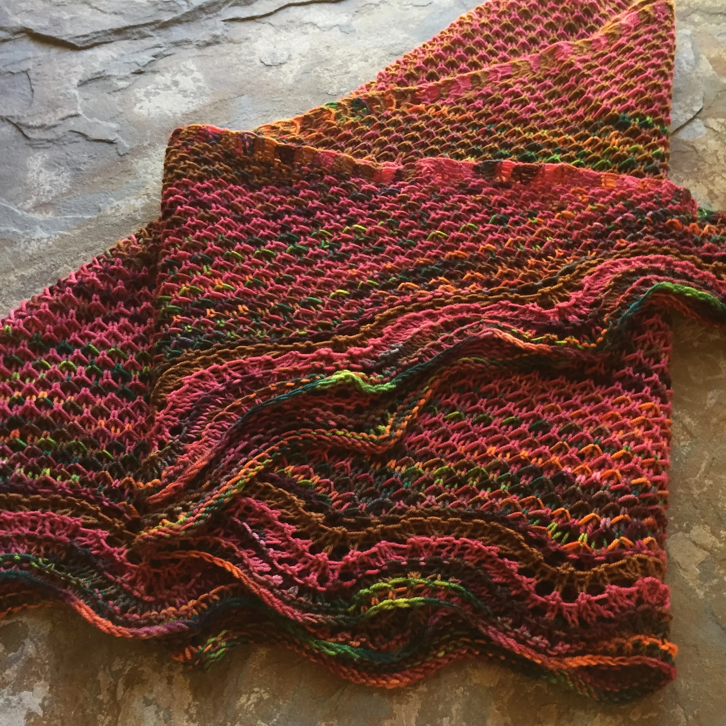 The Divisionism Shawl knit and designed by Jennifer Kirchenbauer of LavishCraft.