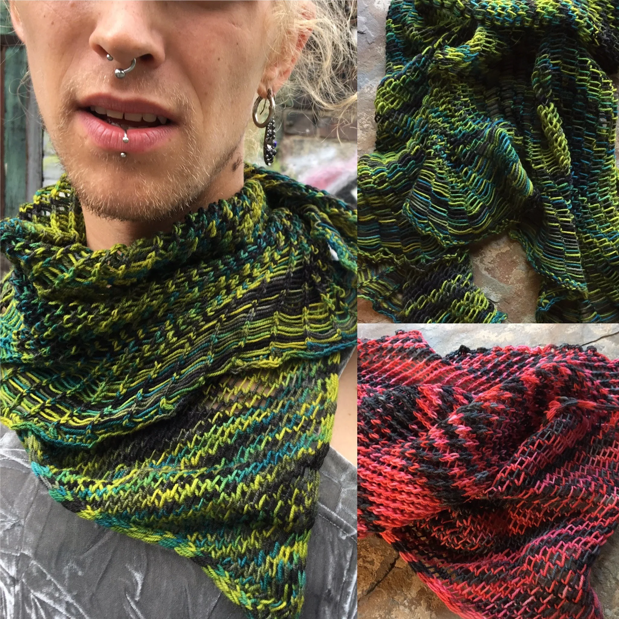 Pattern: Awash with color by Jennifer Kirchenbauer. Knit in: Green Jay and Burnet Moth. The pattern is available for download on our website at: https://roundmountainfibers.com/patterns/awash-with-color-shawl