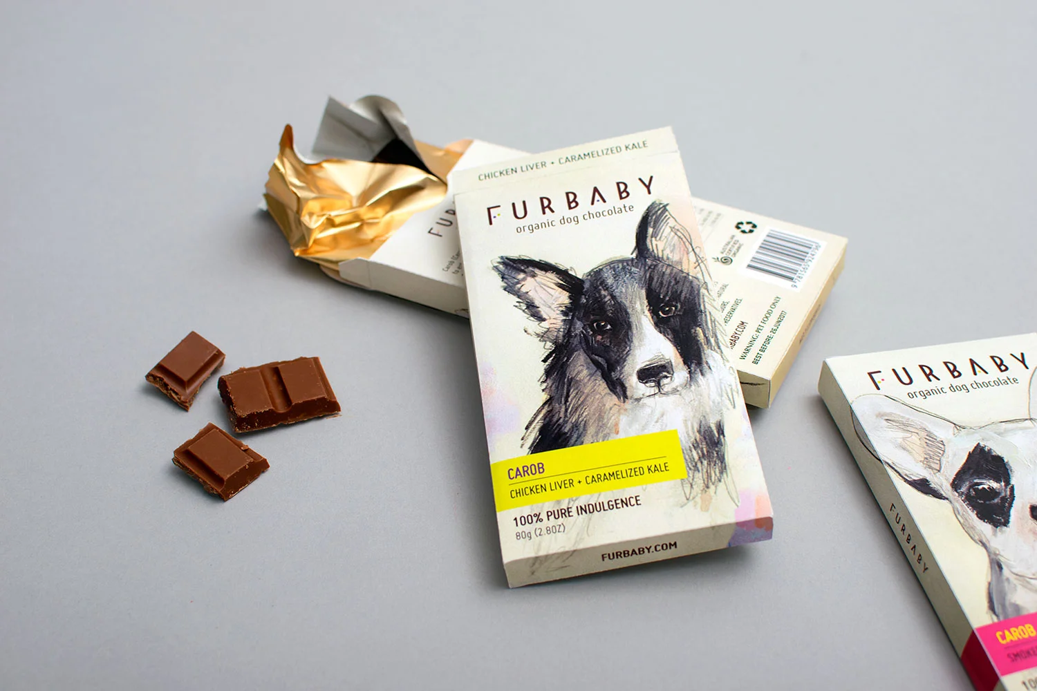 Chocolate packaging and branding graphic design, Furbaby organic dog chocolate, featuring hand drawn dogs, typesetting and original logo design.