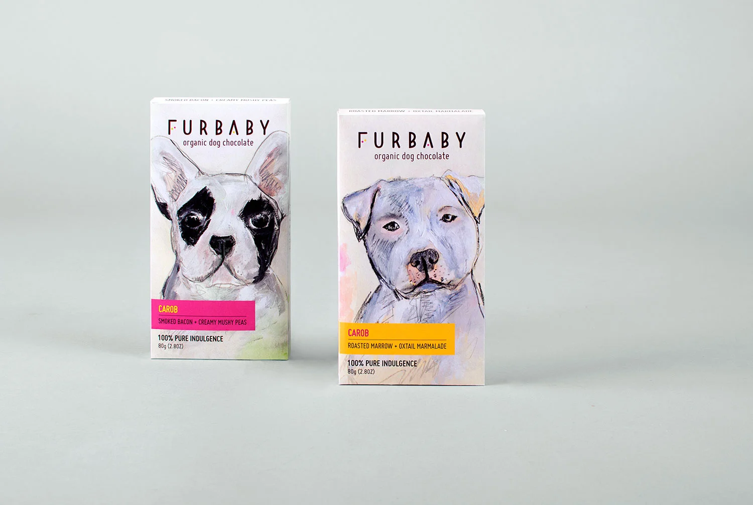 Chocolate packaging and branding graphic design, Furbaby organic dog chocolate, featuring hand drawn dogs, typesetting and original logo design.