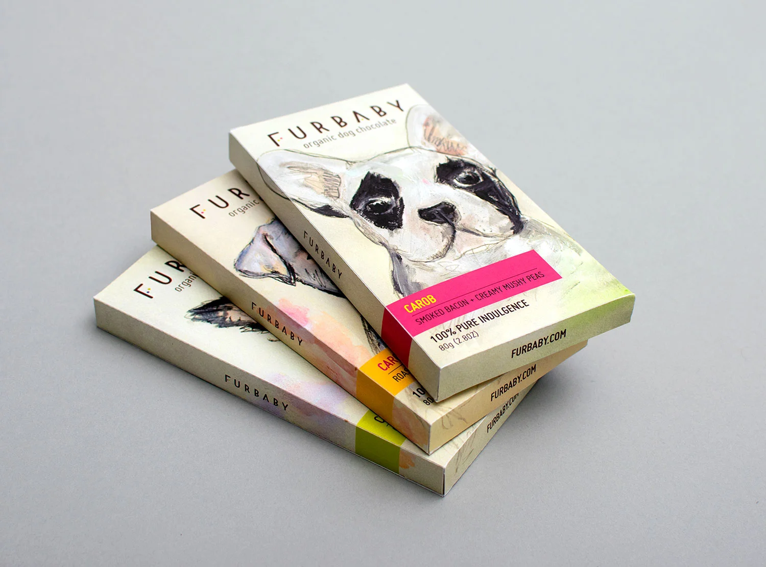 Chocolate packaging and branding graphic design, Furbaby organic dog chocolate, featuring hand drawn dogs, typesetting and original logo design.