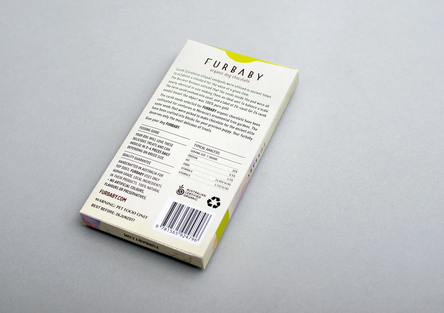 Chocolate packaging and branding graphic design, Furbaby organic dog chocolate, featuring hand drawn dogs, typesetting and original logo design.