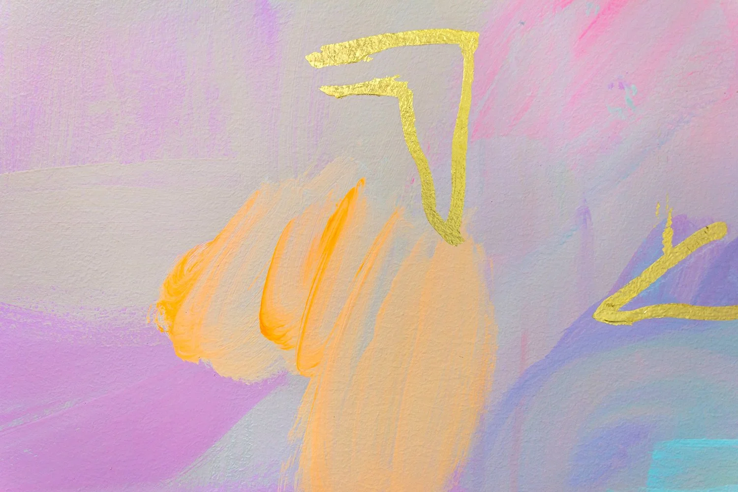 Close up detail of pastel abstract mural with neon pops of color and gold gilded shapes.