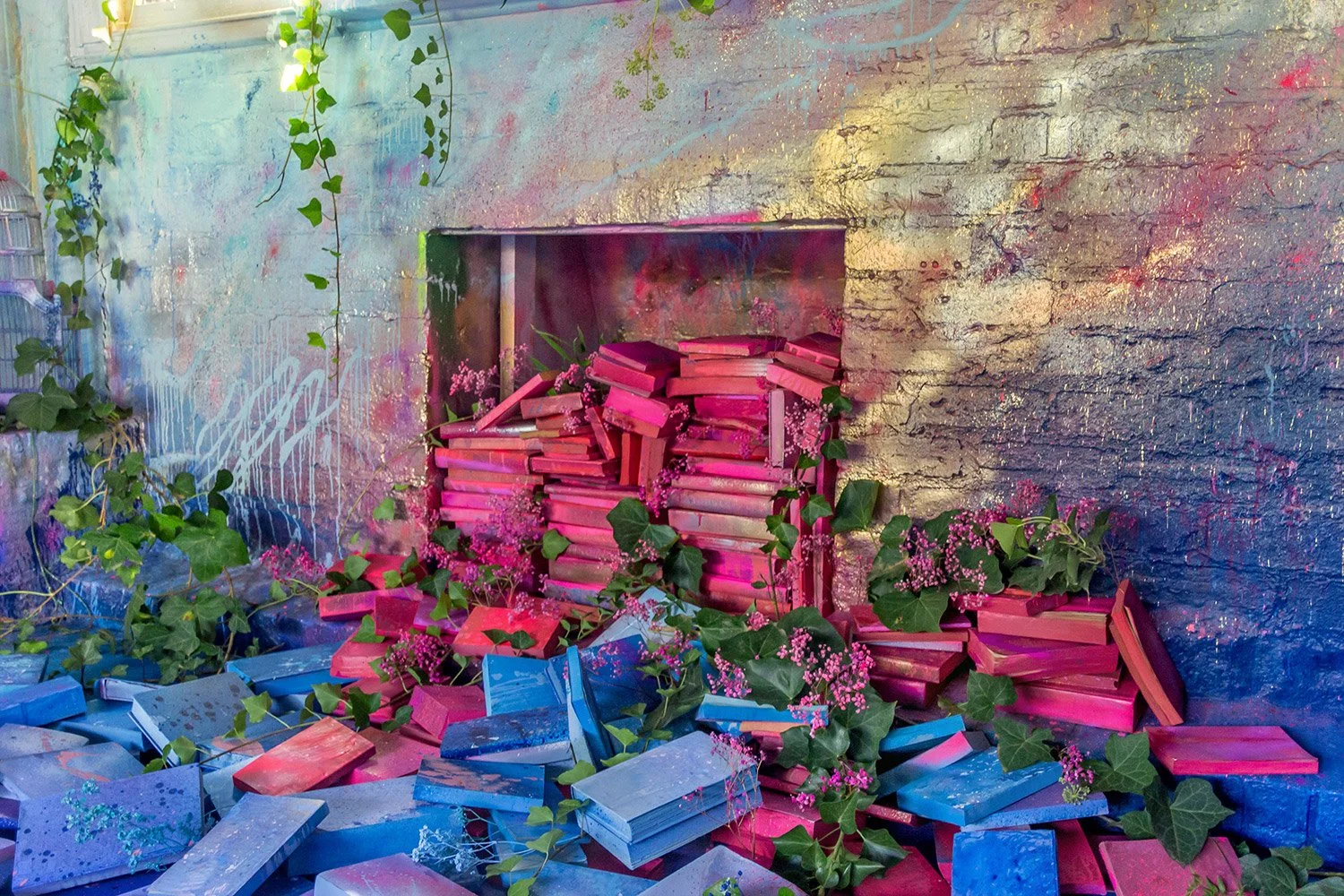 Red and blue books, used as a metaphor for lies, spill out of an artistically painted fireplace. Green foliage and red sprayed baby's breath flowers sprout between books.