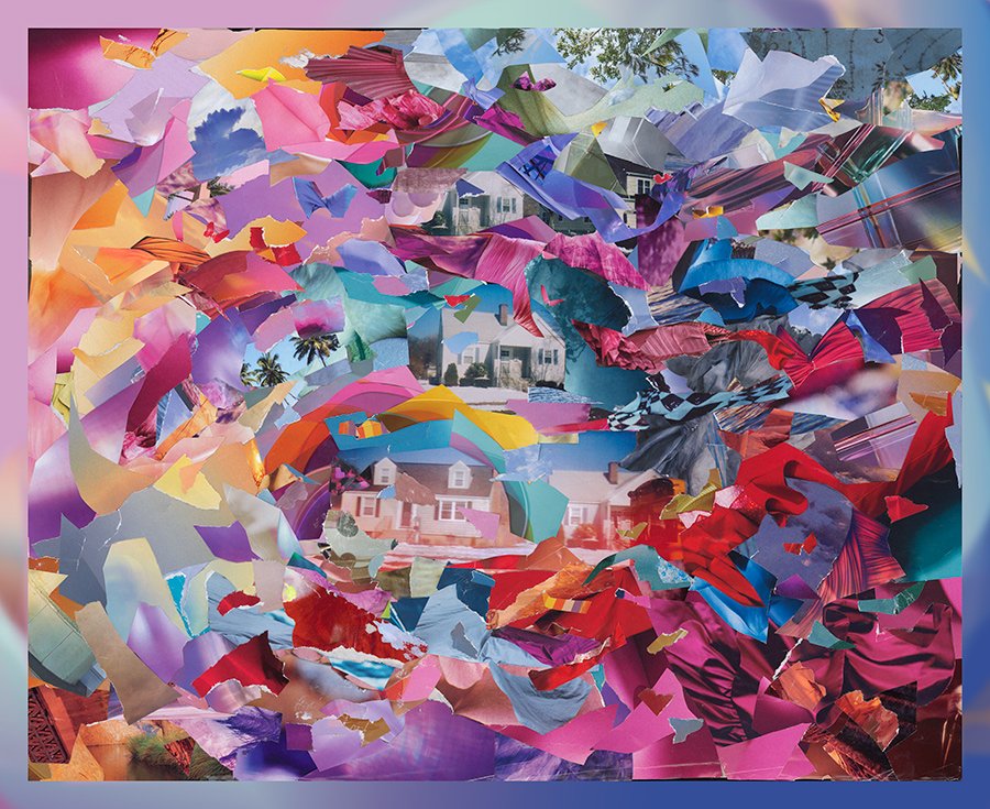 A vibrant contemporary paper collage titled "A New Body" by Camille Javal, featuring an explosion of layered textures with rich cosmic colors.
